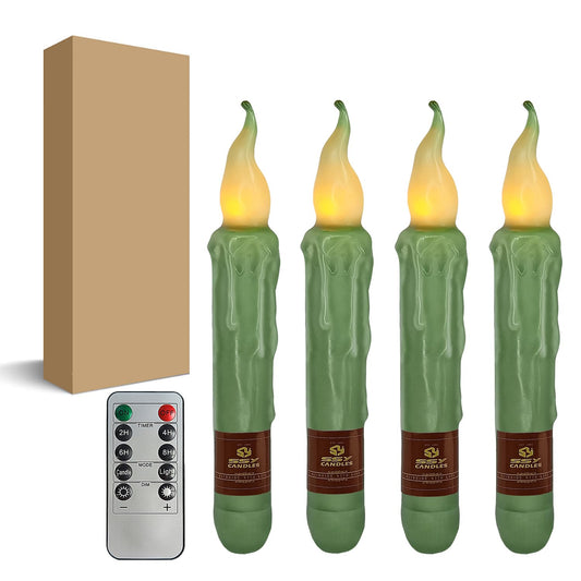 Sage Green Flameless Short Taper Candles, Real Wax Hand Dipped LED Battery Operated with Remote, Flickering Flame Lights for Festival Party Home Décor, 6.7 Inch Primitive Flameless Candles, 4PCS