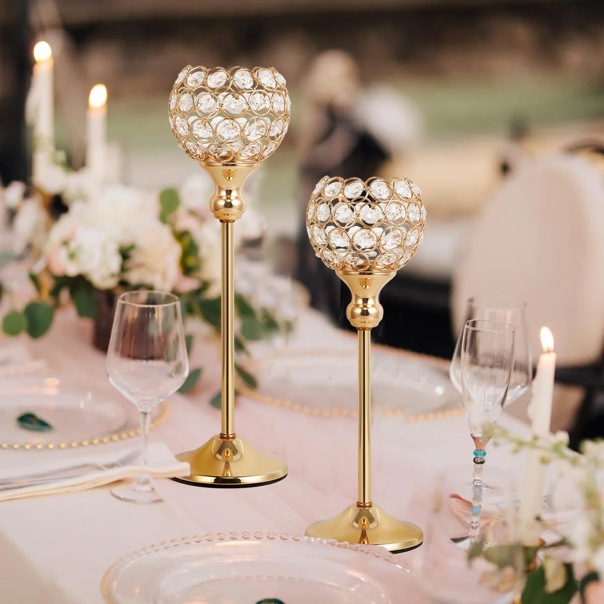 VINCIGANT 16PCS Gold Crystal Candle Holders Pillars for Wedding Decoration,Votive Crystal Candle Holders for Dinner Table Room Party Rhinestone Decorative