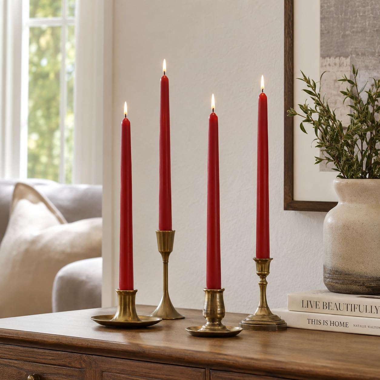 Deep Red Taper Candles Set of 4, 10 Inch Handmade Candle Stick, Unscented Candlesticks, Tapered Candles for Wedding Dinner Table Home Decor