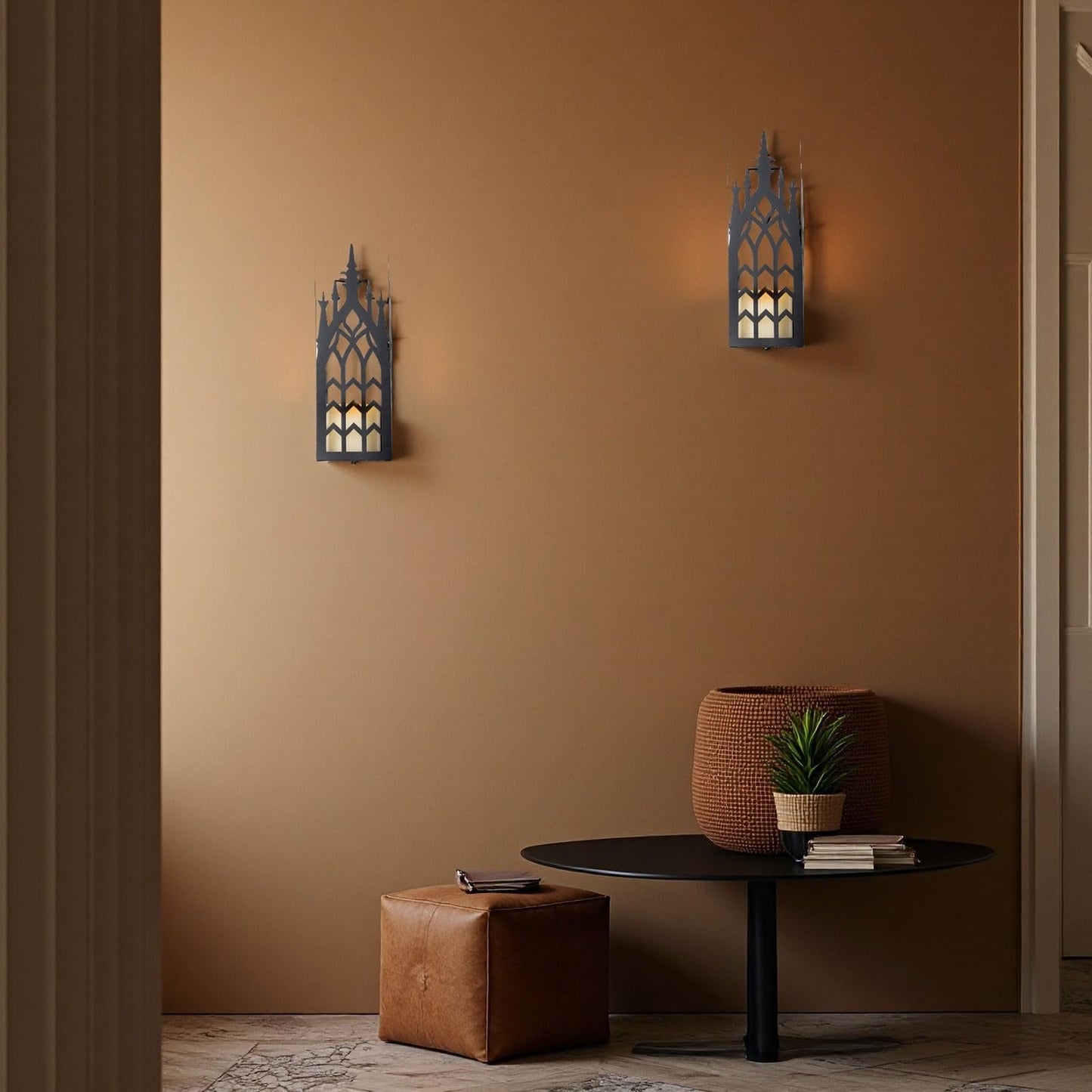 AIM & GGKK Wall Candle Sconce Holder,Set of 2 Gothic Cathedral Wall Sconce with Window Design,Black Metal Wall Mount Candle Holder for Living Room, Dining Room,Rustic Farmhouse Decorations