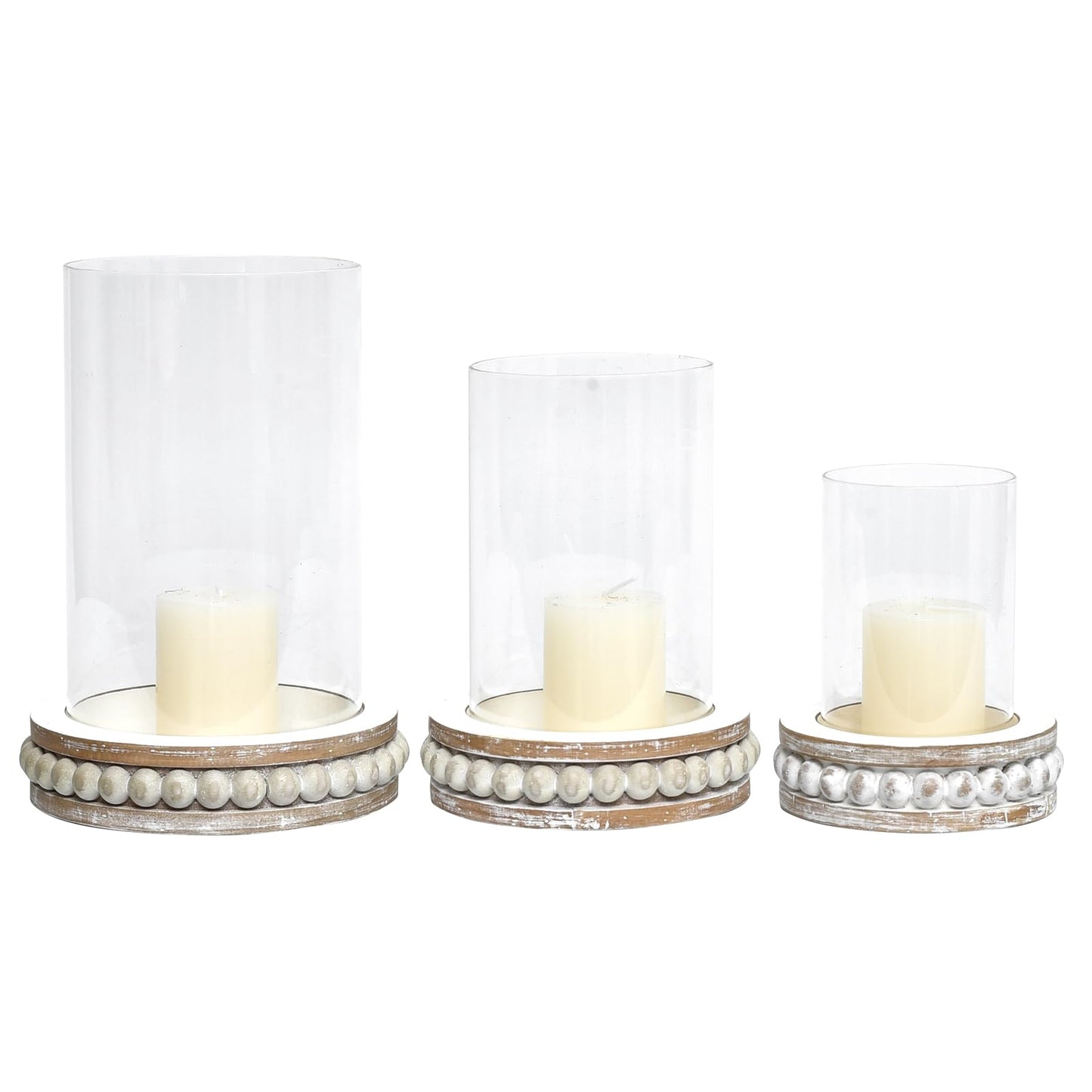 SWALLOWLIVING Glass Hurricane Candle Holders for Pillar Candles - Farmhouse Rustic Distressed White, Set of 3 with Wood Beaded Base