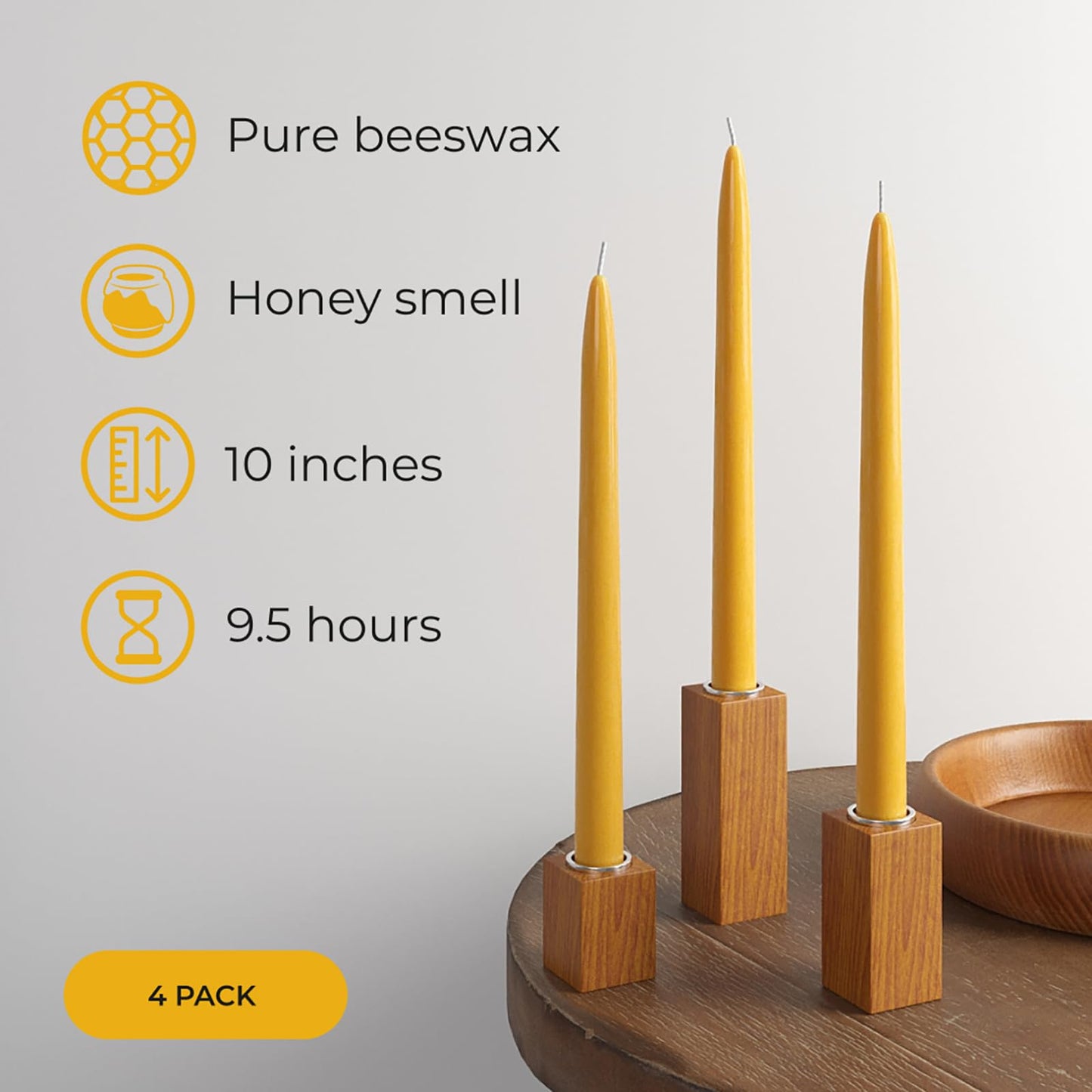 CANDWAX 10 inch Beeswax Taper Candles Set of 4 - Non Toxic and 100% Pure Beeswax Candles Ideal for Dinner - Dripless Handmade Bees Wax Burning Time 9.5 Hours