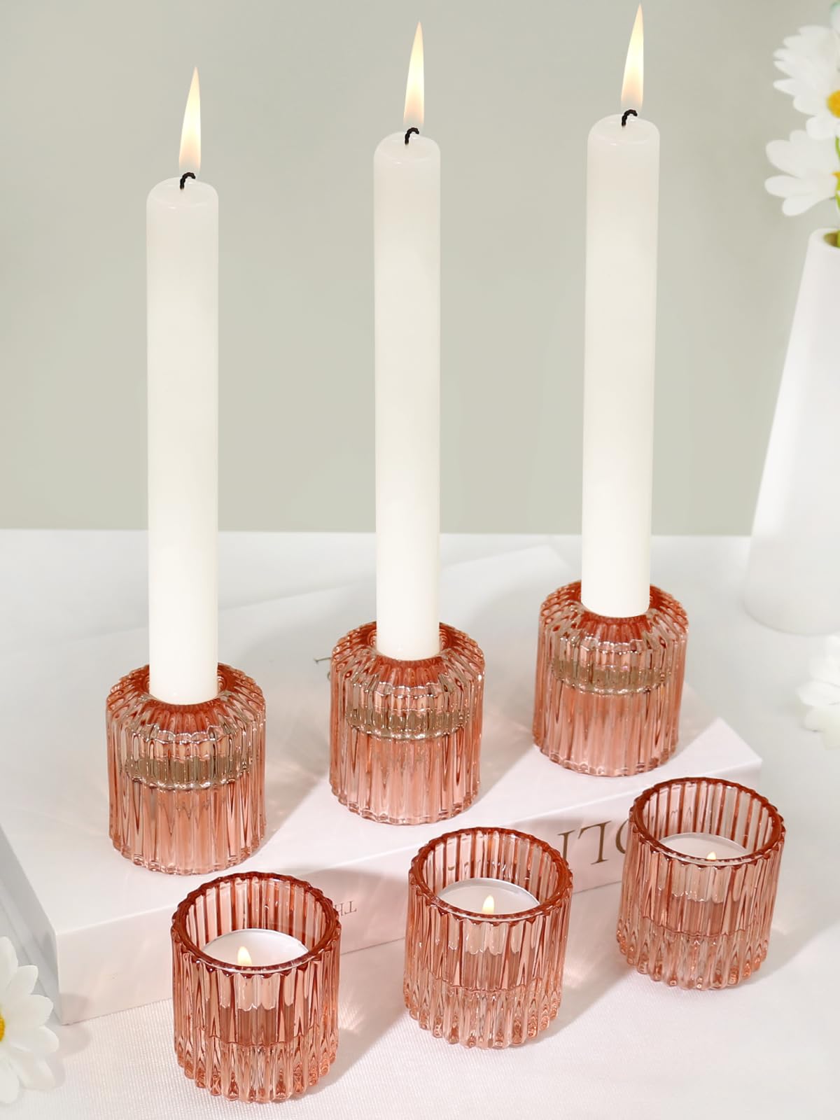 CHOCSTAY Reversible Rde Glass Candle Holder Set of 6, Thick Heat-Resistant Glass Candlestick Holders for Taper, Tealight, Votive, LED Candles, Perfect for Wedding, Party, Home Décor
