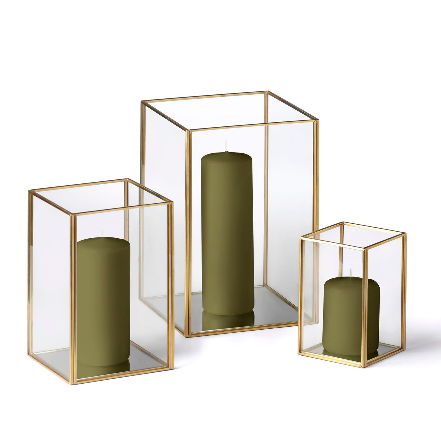 Yummi Set of 36 Slim Pillar Candles & Gold Luxus Lanterns - Olive