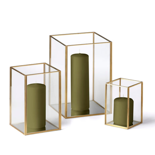 Yummi Set of 36 Slim Pillar Candles & Gold Luxus Lanterns - Olive