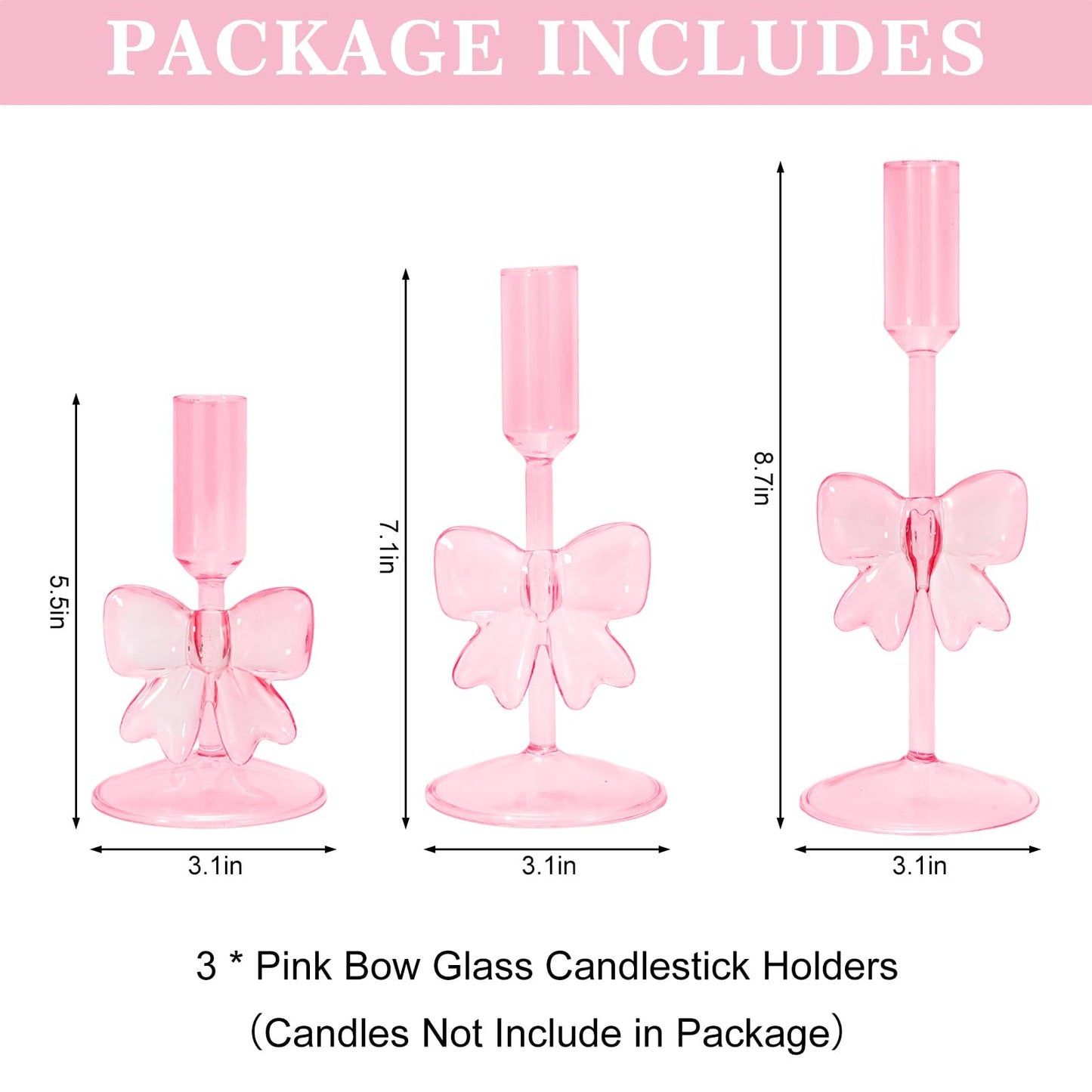 JarThenaAMCS 3Pcs Valentine's Day Glass Pink Bow Candle Holder Coquette Candle Stick Holder Stand for Home Room Party Dining Table Centerpiece Baby Shower Girls Birthday Decorations