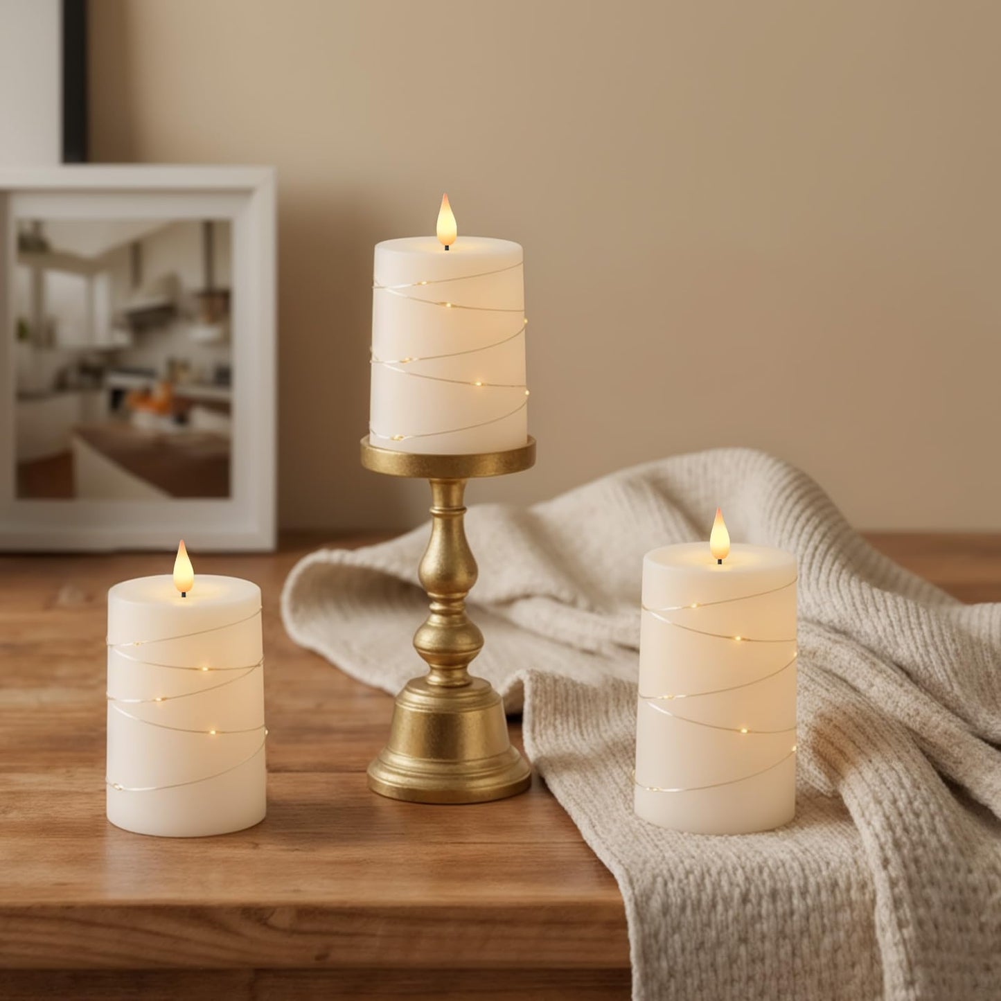 Raycare Flameless Candles with Remote Timer, Flickering Battery Operated LED Pillar Fake Candle with String Lights for Home Decor, Christmas, Wedding and Gift, White, Set of 3