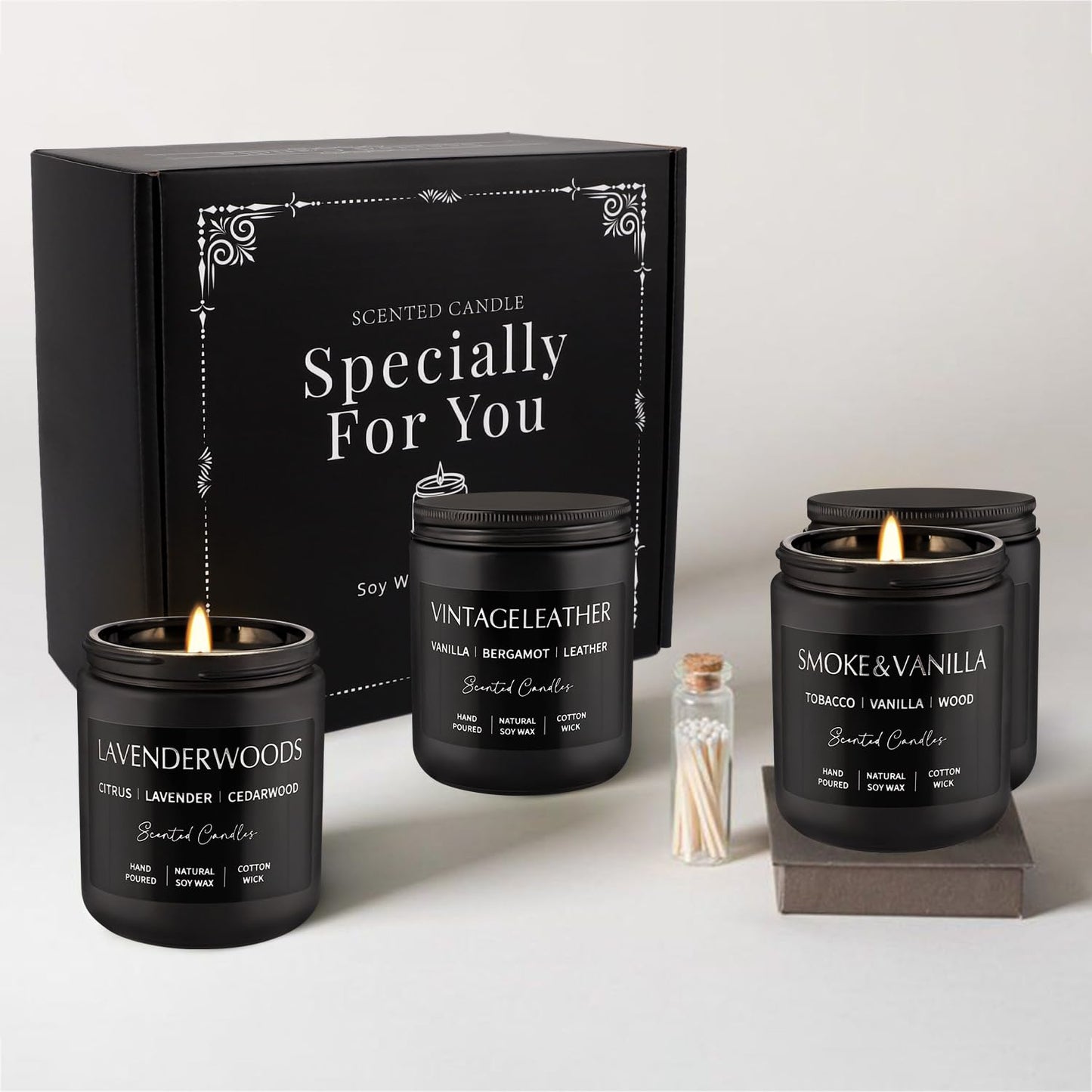 WPONSZU 4Psc Scented Candles Set,7oz Gifts for Men Aromatherapy,Soy Candle of Smokeless - Leather & Smoke, Vanilla Oakmoss, Lavender - Relaxing Fragrance for Home, Office, Yoga(Black)