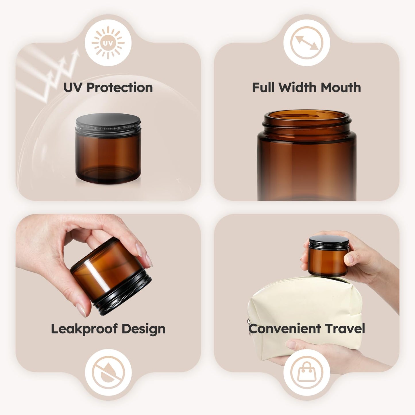 2 oz Glass Jars with Metal Lids, 36 Pack Amber Small Glass Jars with Black Lids Leakproof Round Airtight Empty Cosmetic Travel Containers with Inner Liners For Lotions Powders and Candle Making