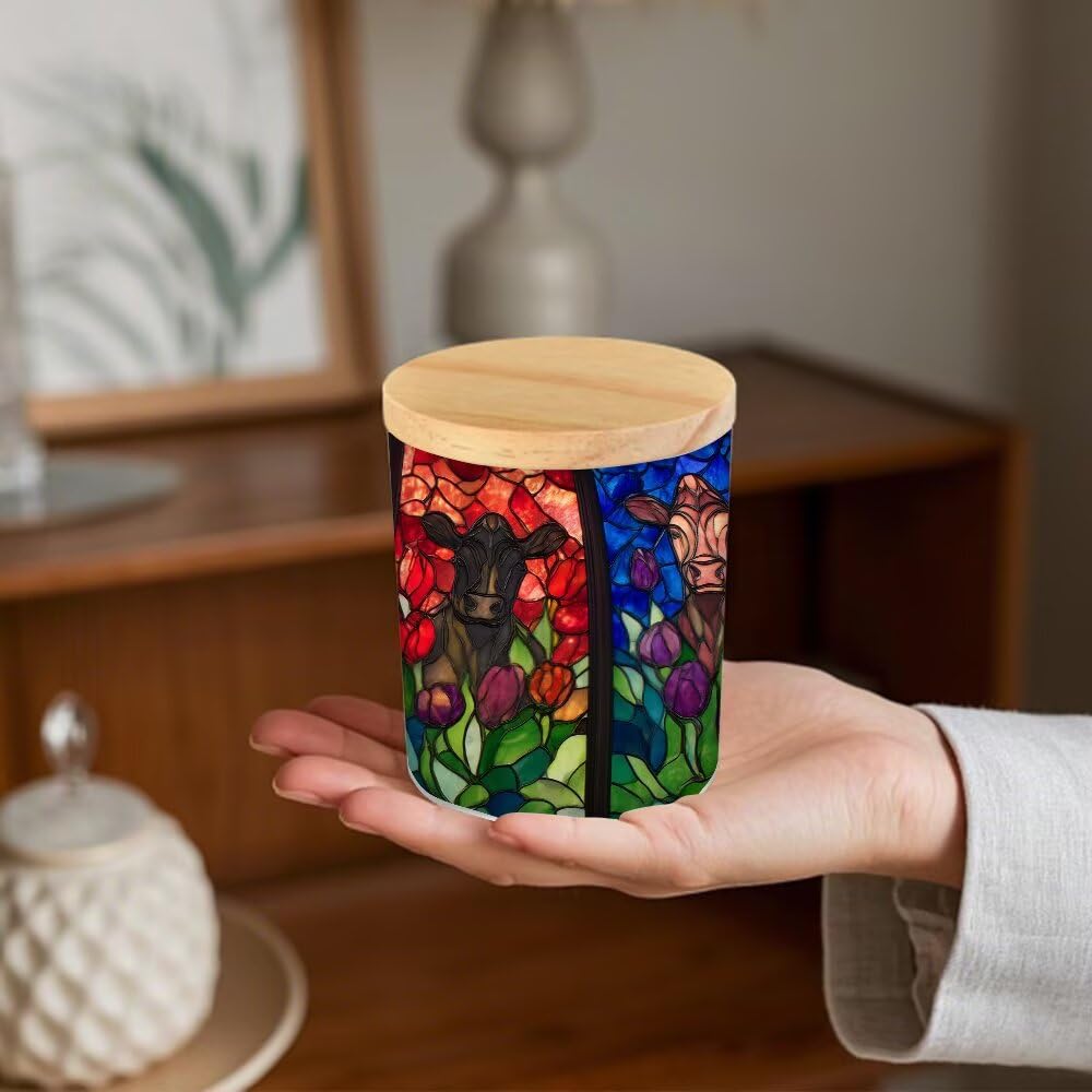 Stained Glass Cows Tea Light Candle Holders,Farmhouse Cattles Tealight Candle Holder Jar with Wooden Lid, Votive Candlesticks for Table Centerpieces, Christmas,Birthday Party,Home Decor