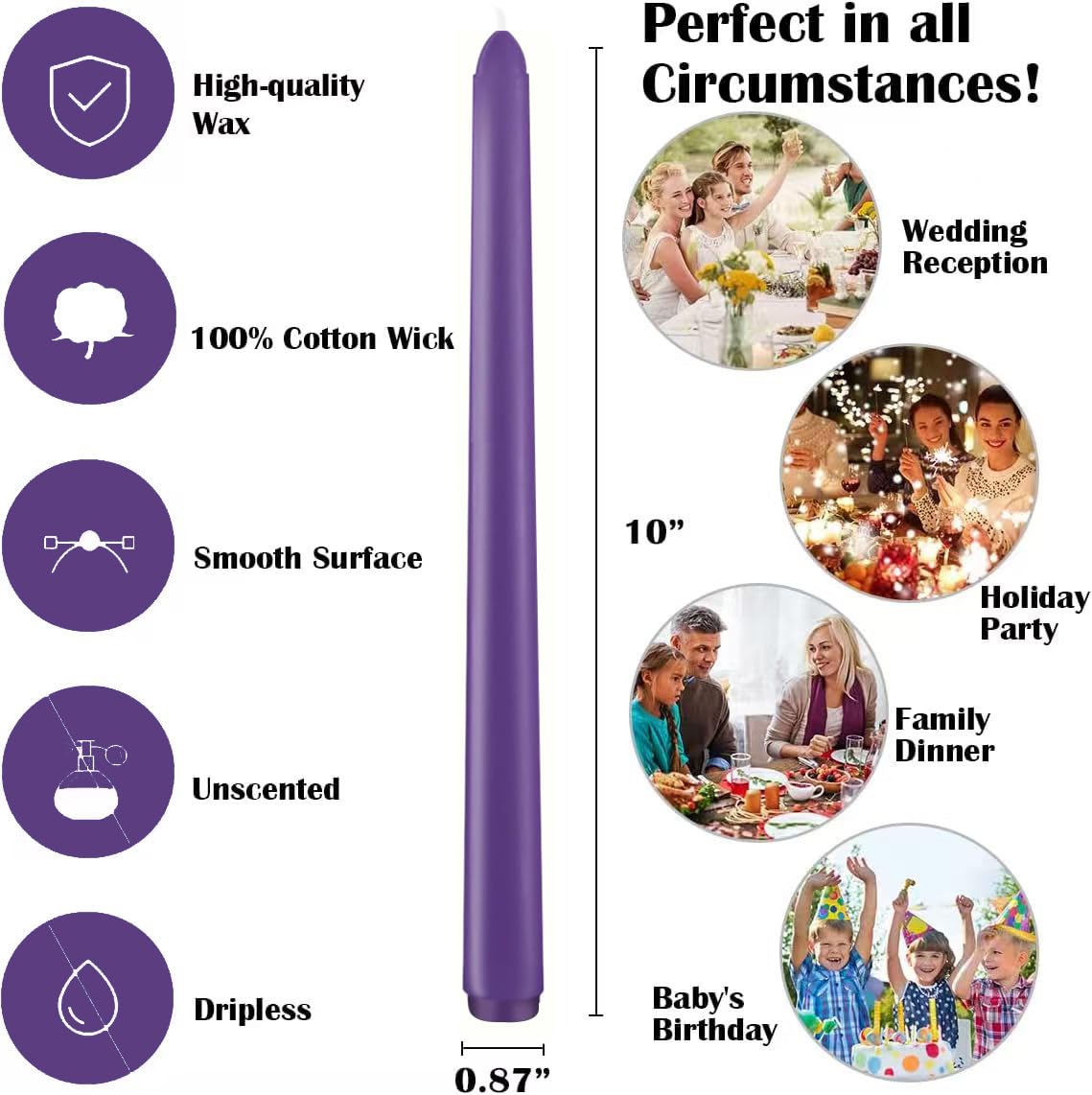 12-Pack Royal Purple Taper Candles, 10 Inch Unscented Dripless Candlesticks, Long-Lasting Burn Time of 7-8 Hours, Perfect for Home Décor, Weddings, and Events
