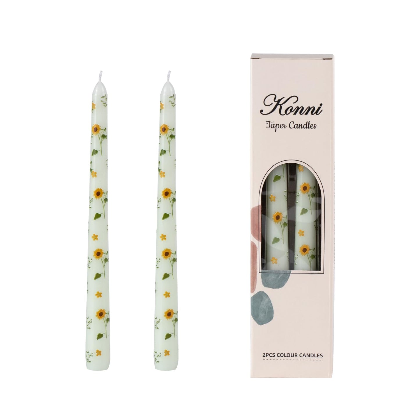 Taper Candles,10 inch 2pc Green Tapered Candles with Sunflower Printed, Unscented and Smokeless Long Burning Candles,Tall Candlesticks with Cotton Wicks,Ideal for Weddings, Home Décor