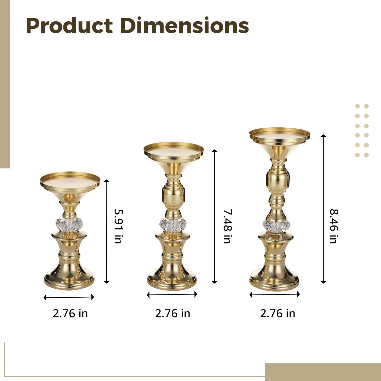 3 Pcs Gold Pillar Candle Holders Set, Elegant Metal Crystal Candlestick Stands, Gourd Shape Wedding Centerpieces Decor, Weighted Base Tabletop, 5.91-8.46 in Tall
