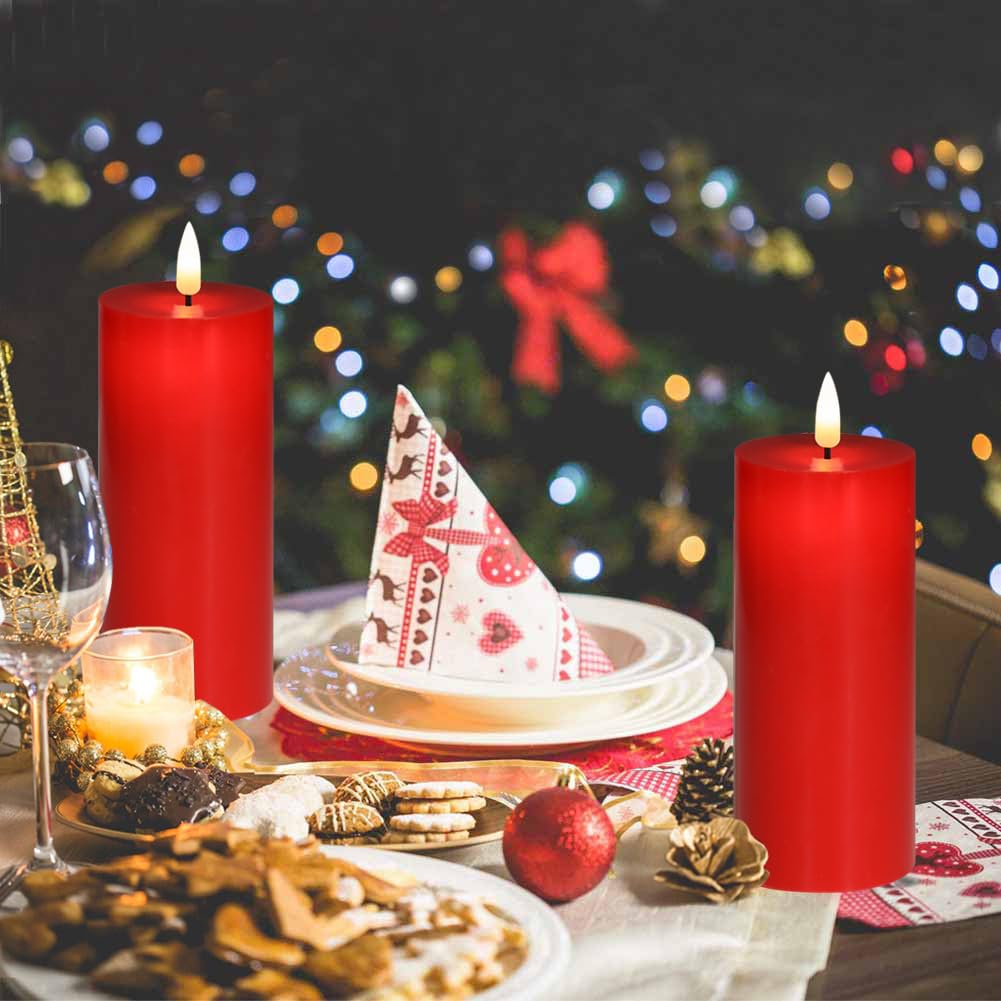 volnyus Red Flameless Candles Set of 2 Flickering LED Wax Candles Battery Operated with Remote Control Timers forChristmas Decoration/Wedding/Party Dimmable Pillar Candles 5 inch Flat top