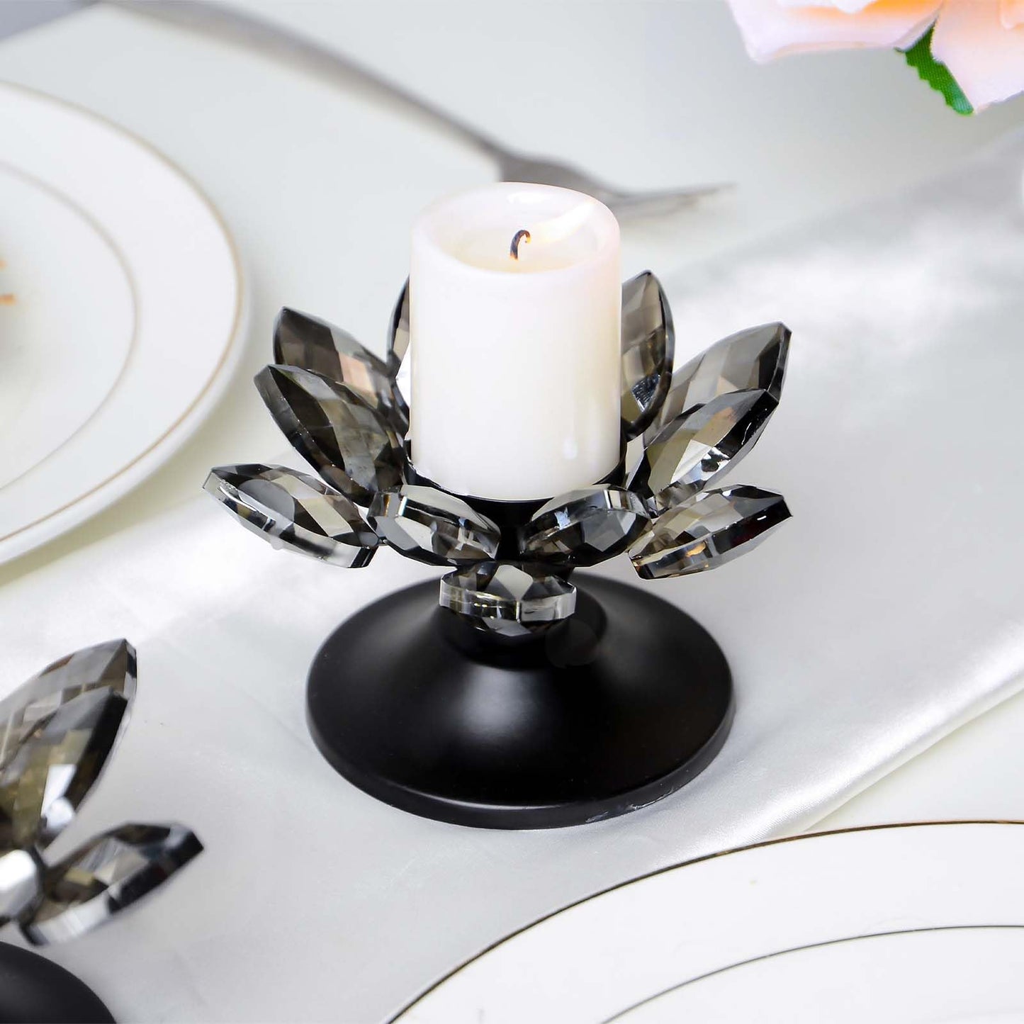 2 PCS Black Crystal Flower Tea Light Holder, Glass Tealight Candlestick with Metal Base, Votive Candle for Table Centerpiece, Wedding/Parties Decor, Nice Gift
