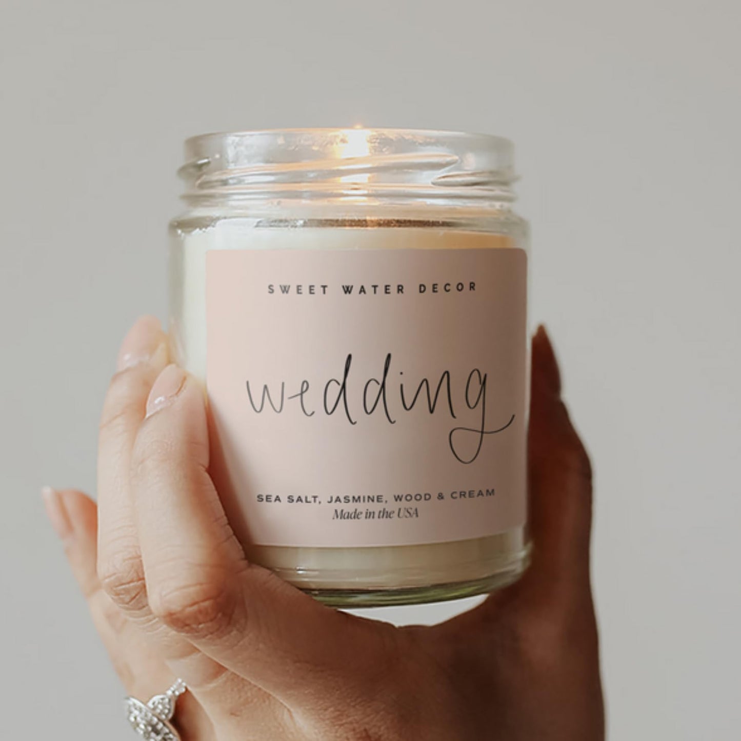 Sweet Water Decor Wedding Candle - Sea Salt, Jasmine, Cream, and Wood Scented Soy Wax Candle for Home - Engagement and Wedding Gifts for Women - 9oz Clear Jar, 40 Hour Burn Time, Made in the USA