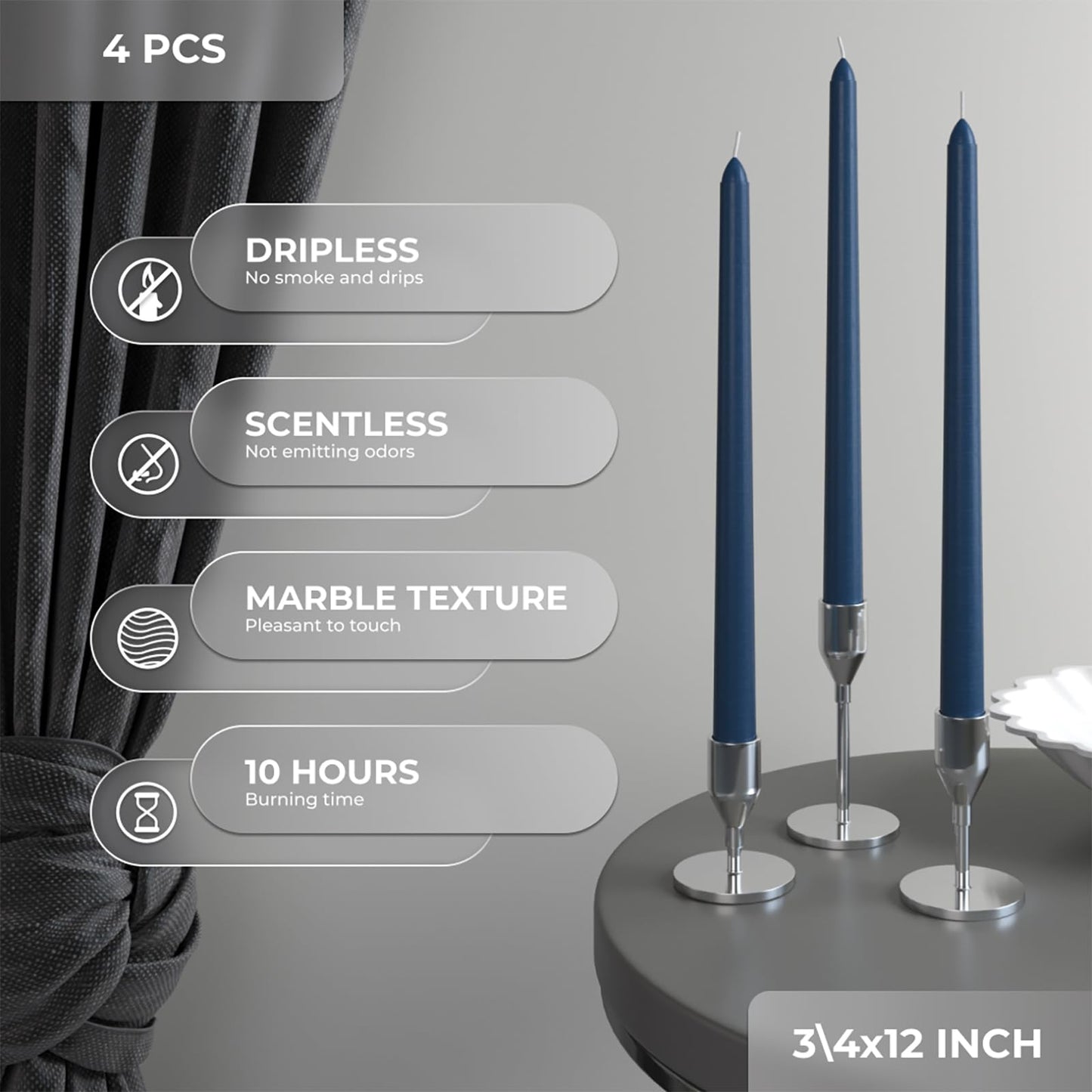 CANDWAX 12 inch Taper Candles - Set of 4 Dripless and Smokeless Unscented Slow Burning Candle Sticks - Dark Blue Candles