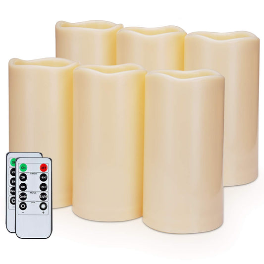 Amagic 3" x 6" Outdoor Waterproof Flameless Candles, Battery Operated Candles with Remote and Timer, Flickering Electric LED Pillar Candle for Outdoor Patio, Garden, Indoor Room Decor, Ivory, Set of 6