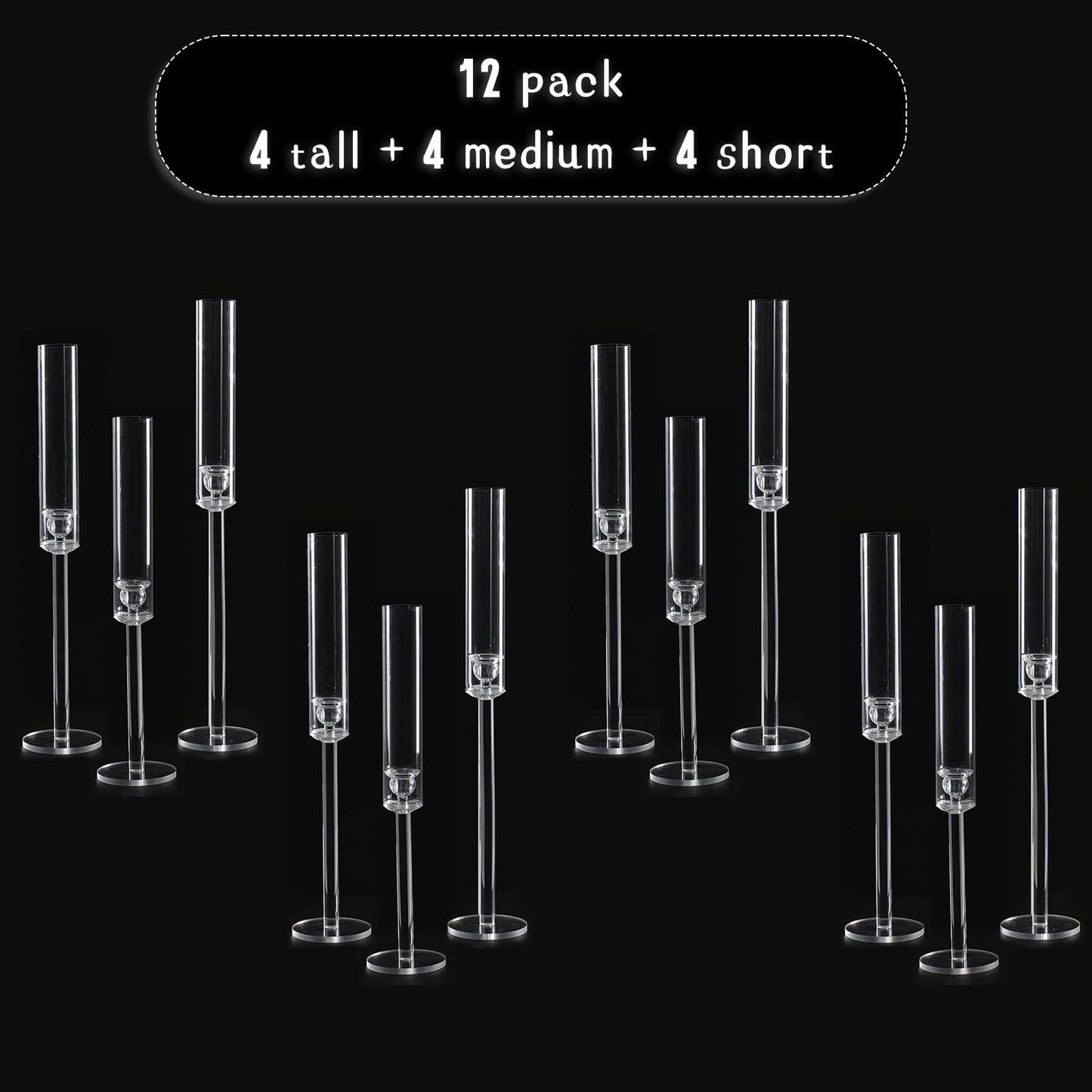 Vincidern 12pcs Clear Taper Candle Holder Centerpieces for Tables, Acrylic Candlestick Holder for Table, Long Candle Stick Candle Stand for Wedding Party Holiday, Event Decor
