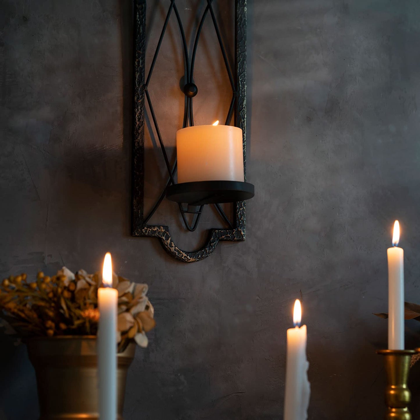 Gothic Candle Sconce Set of 2 -Gold Black Metal Wall Candle Holder-Rustic Home Deco,Dark Academia Decor