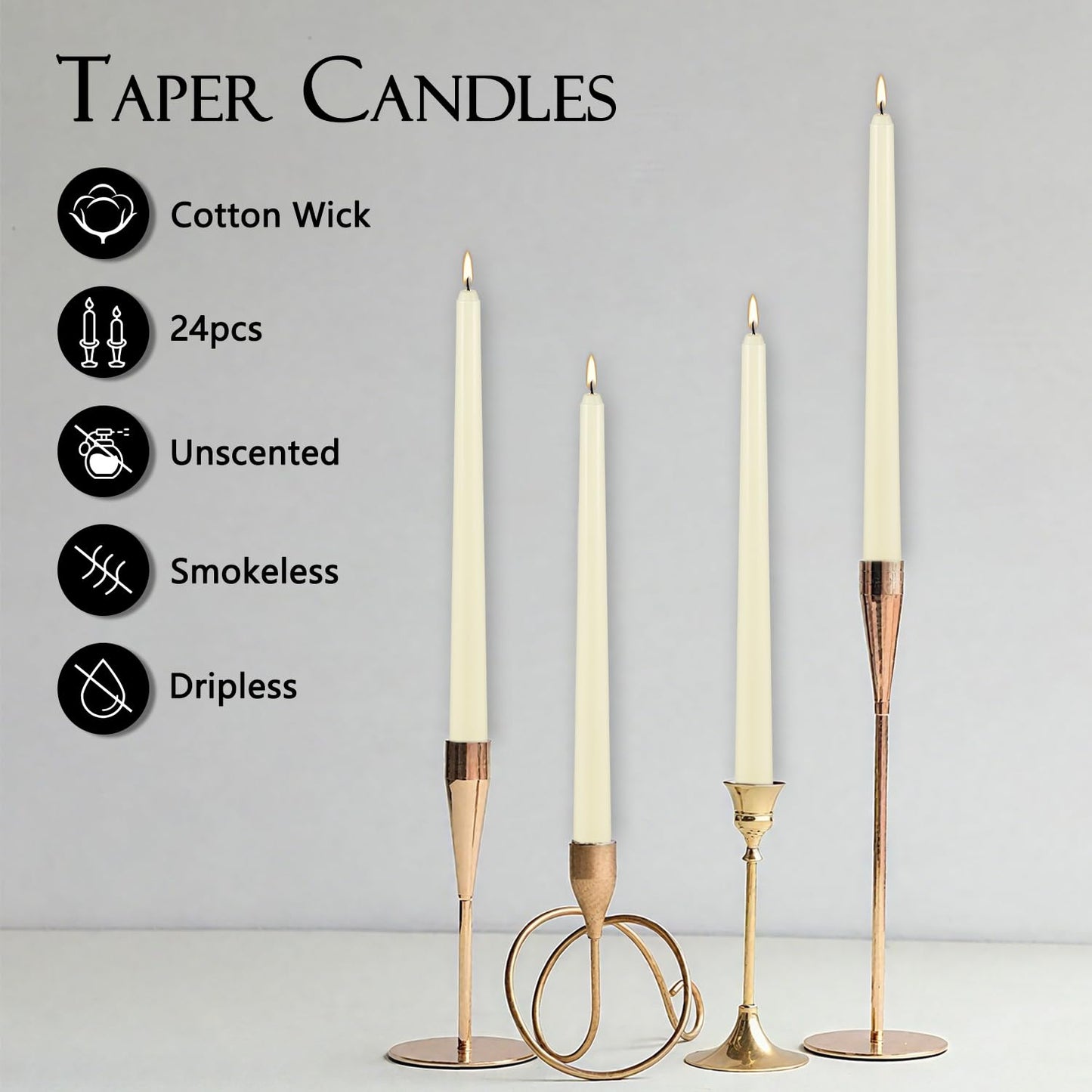 Ivory Taper Candle,24PACK Unscented 10 Inch Taper Candles-Dripless and Smokeless-8 Hours Long Burning Dinner Candle, Ideal for Halloween Taper Candles, Weddings, Dinner,Parties