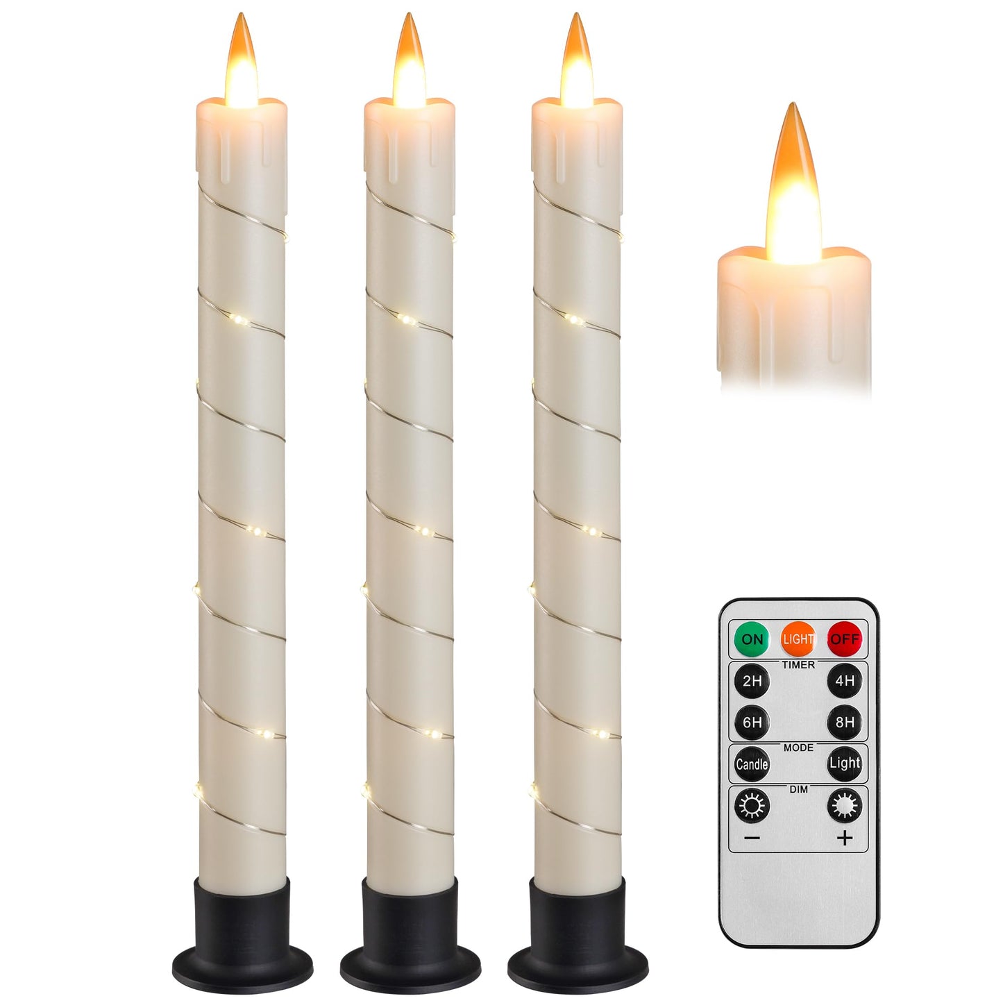3 Pack Ivory Dripping Wax Flameless Candles, Realistic Dynamic Flame LED Taper Candles with Surrounding Fairy String Lights, Remote Control Battery Operated Candles for Home Wedding Holiday Decor