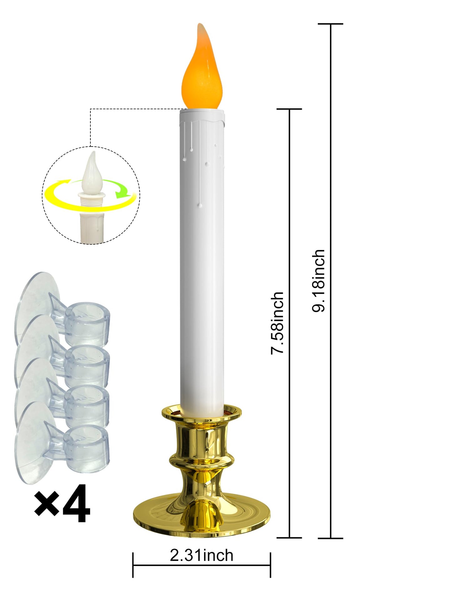Pallerina 4-Pack Flameless Window Candles Battery Operated with Timer,3D Flickering Flame, Battery Operated LED Candlesticks with Suction Cups for Christmas Holiday Home Window Decor