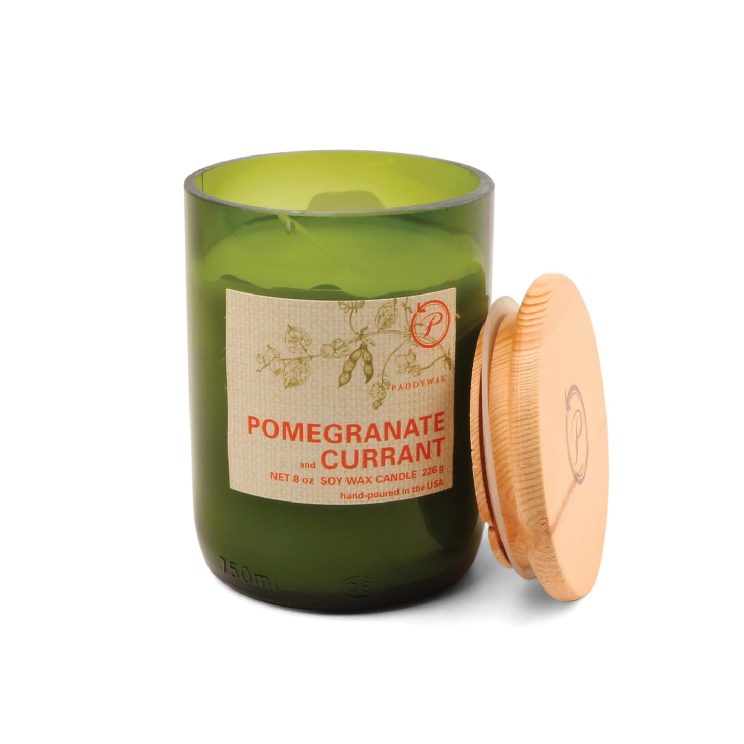Paddywax Eco Collection Scented Soy Wax Candle in Glass Jar, Pomegranate & Currant Fragrance, Green Vessel with Wood Lid, 8 oz