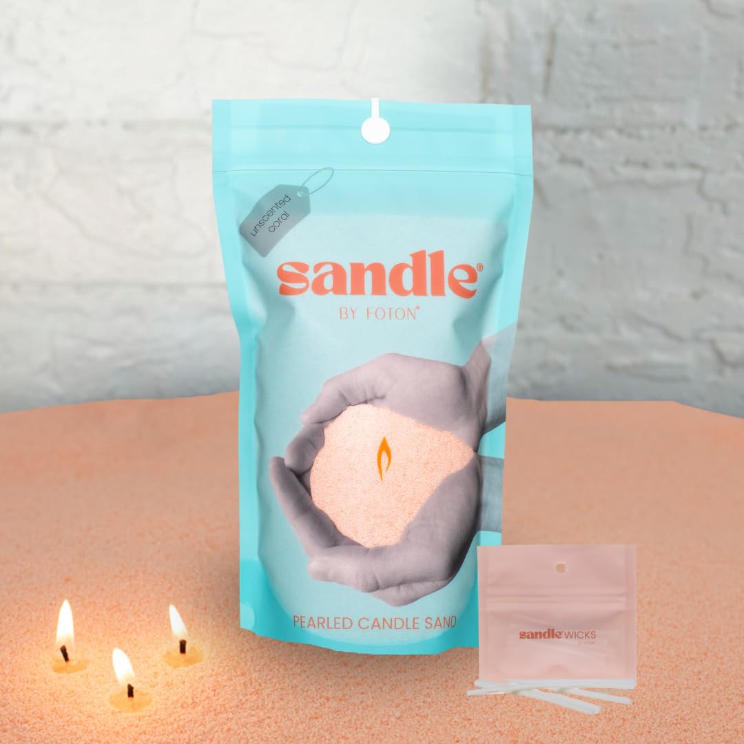 Foton Sandle Pearled Candle 10 Oz – Pink Coral Unscented, Non Toxic Luxury Long Lasting Sand Candles up to 60 Hours - Refillable Candle Sand with 15 Wicks for Candles Making