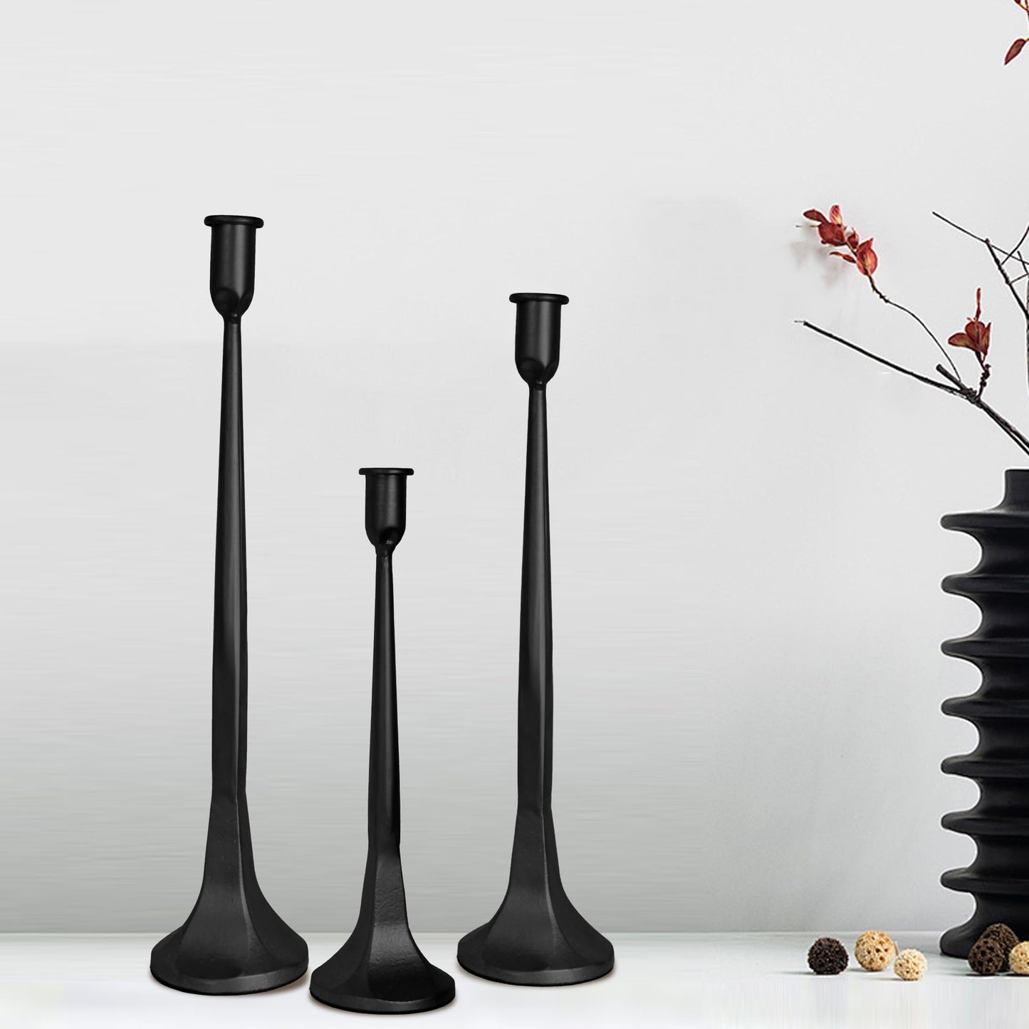 Iron Taper Candle Holders Set of 3, Black Metal Candlestick Holders for Taper Candles, Tall Decorative Candle Stands for Wedding Centerpieces, Dining Table, Mantel & Home Decor (Black, 12" 14" 15.5")