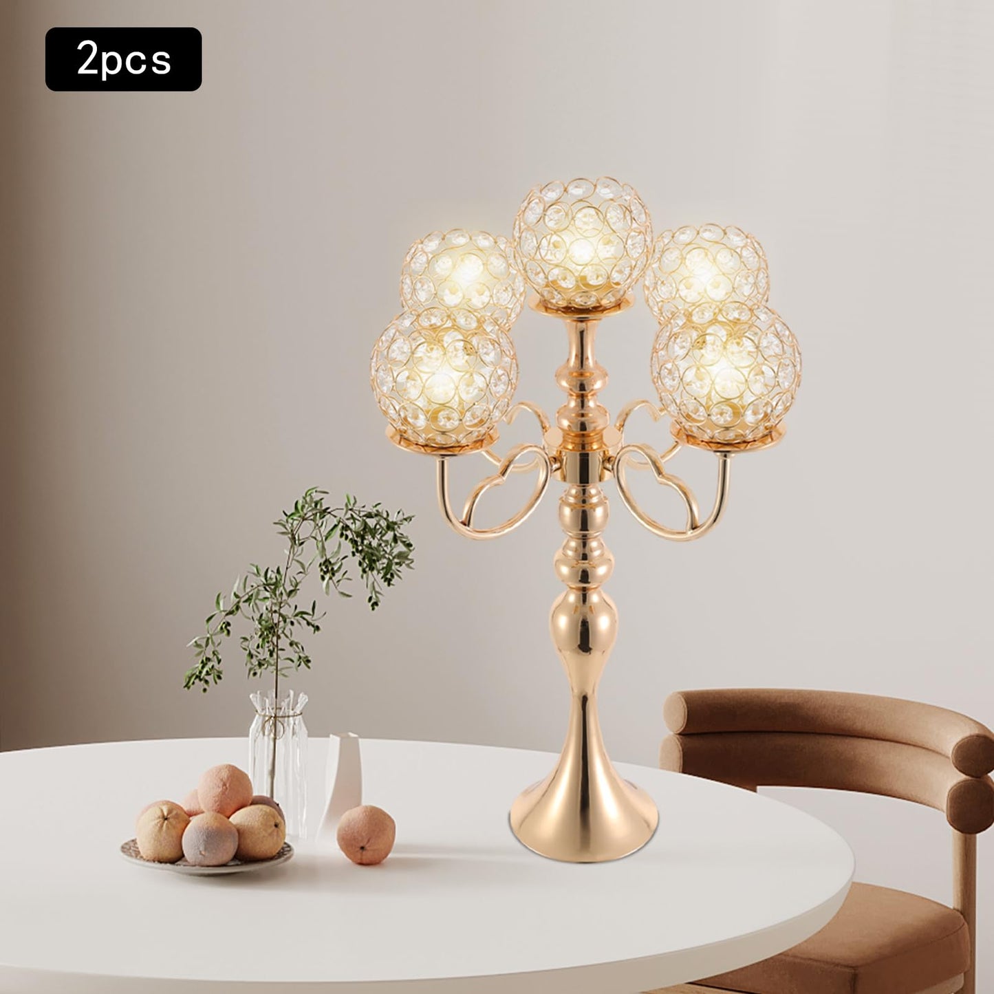 2Pcs 5 Arm Candelabra Candle Holder Luxury Gold Candlestick Holder Crystal Candelabra Centerpieces for Tables Elegant Candelabra Stand Holders for Home Wedding Party Anniversary Dining Room, Gold