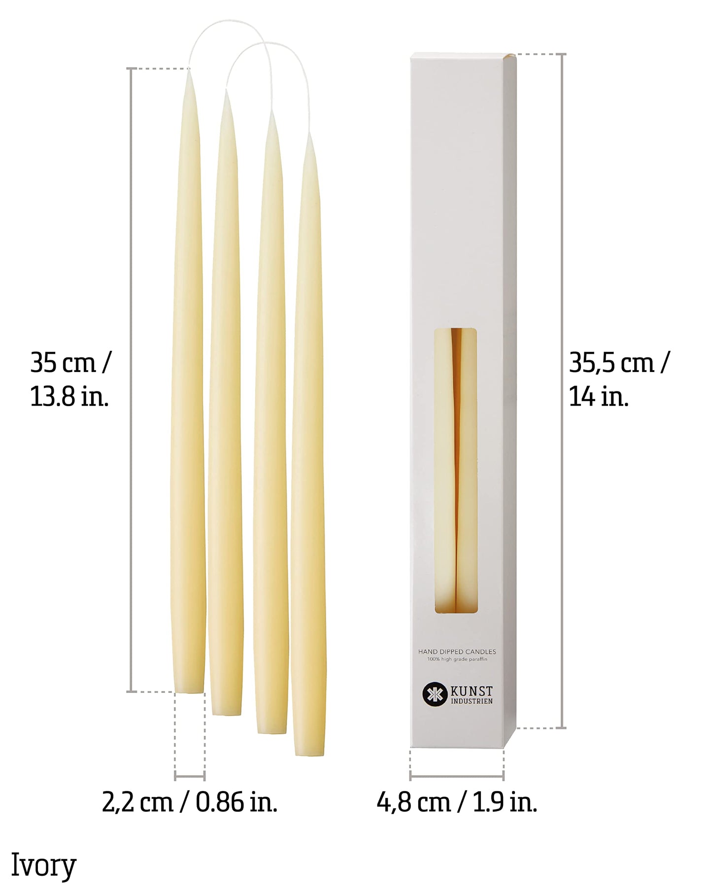 Kunstindustrien® Ivory Taper Candles – Set of 4, 13.8" – Made in Denmark, Long Burning Candles 15h, Unscented & Smokeless Candlesticks – Elegant Tall Candles for Weddings, Dinners & Home Decor (Ivory)