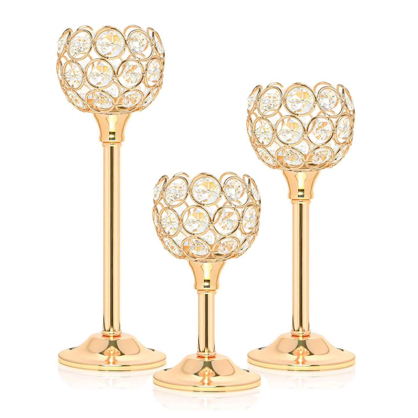 Kehail Crystal Metal Tealight Candlestick, Bling Bowl Candelabras, Tall Crystal Votive Candle Holders Elegant Crystal Candle Centerpiece for Dining Table Wedding Decor (Set of 3, Gold)