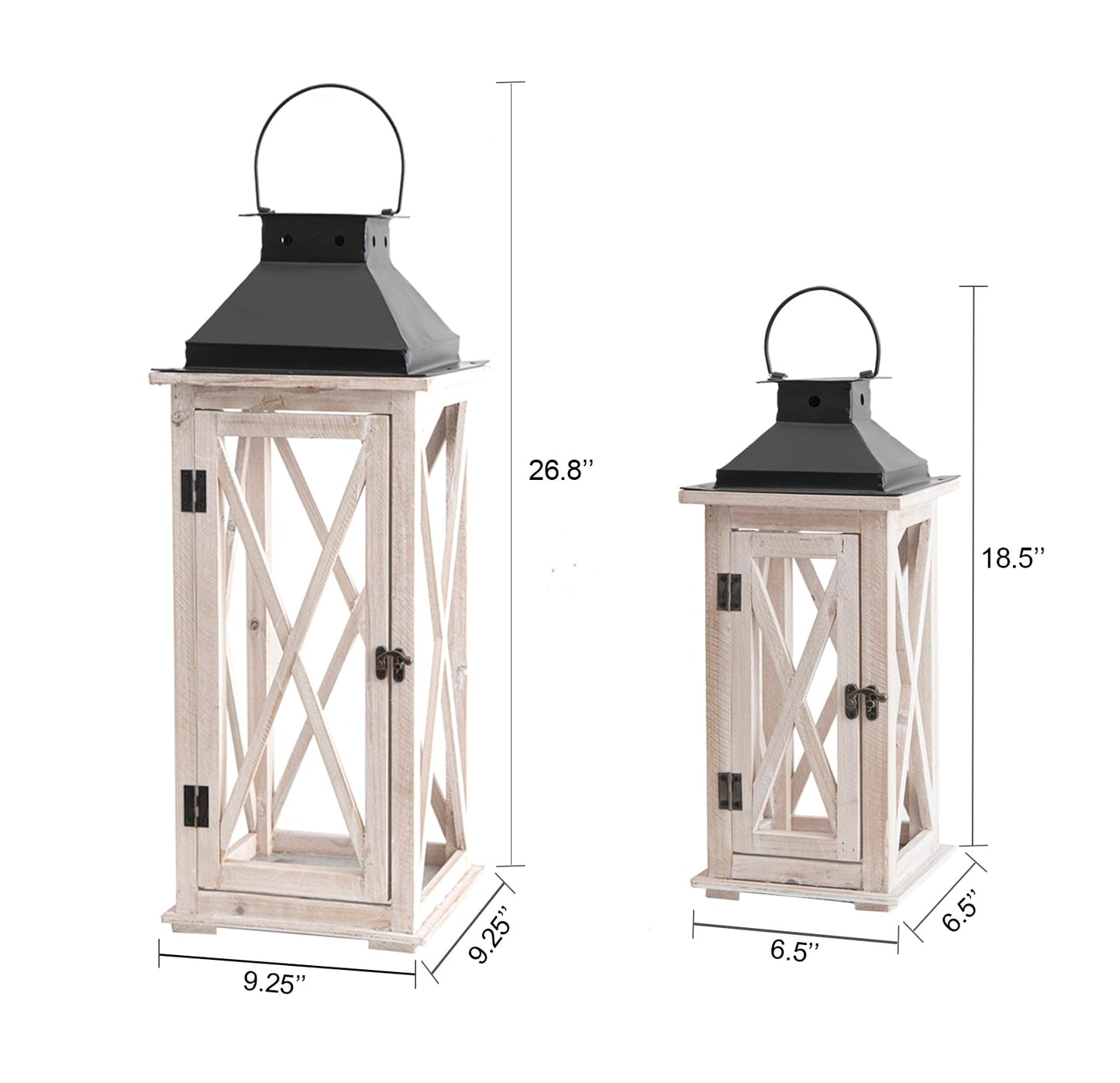 TIMRIS Large Wooden Candle Lanterns Decorative Set of 2, Rustic Farmhouse Whitewash Floor Lanterns, Indoor/Outdoor Hanging Lanterns for Home Decor (No Glass)