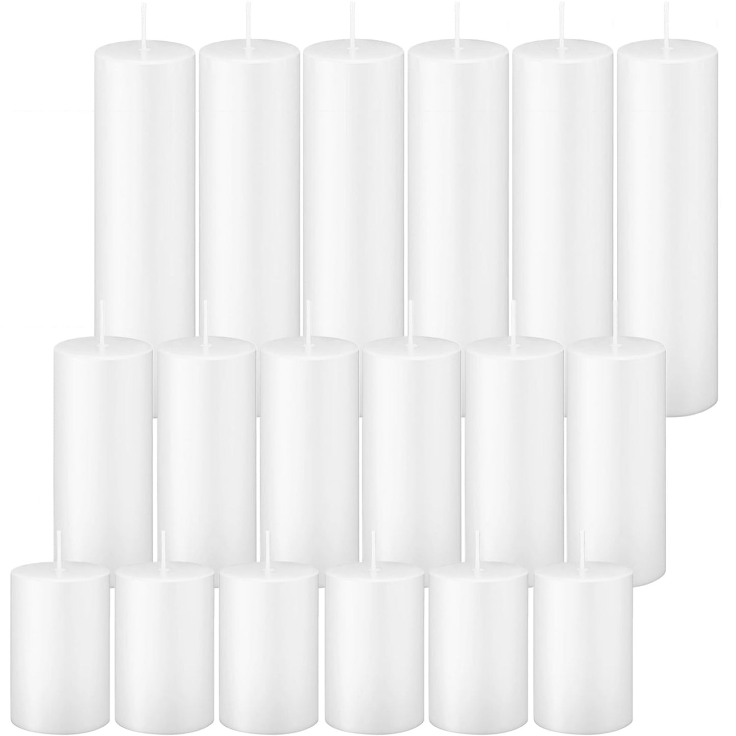 Trxvxo White Pillar Candles Bulk Set of 18，Hurricane Candles，3 Different Lengths 2 x 3/6/8 Inch (6 Each)，Dripless Unscented Smokeless，Gives You a Better Atmosphere When Organizing an Event Party.