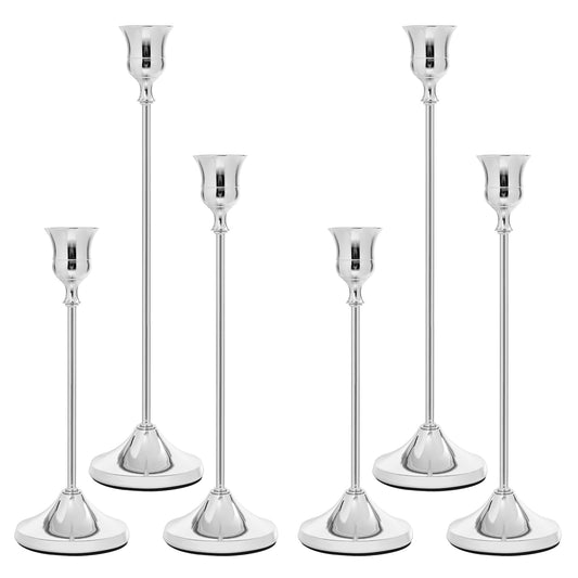 Candlestick Holders 6 PCS, Metal Taper Candle Holder, Silver Candle Holders for Pillar Candles, Vintage Dining Table Centerpiece Decorations for Wedding Party Christmas Halloween Decor