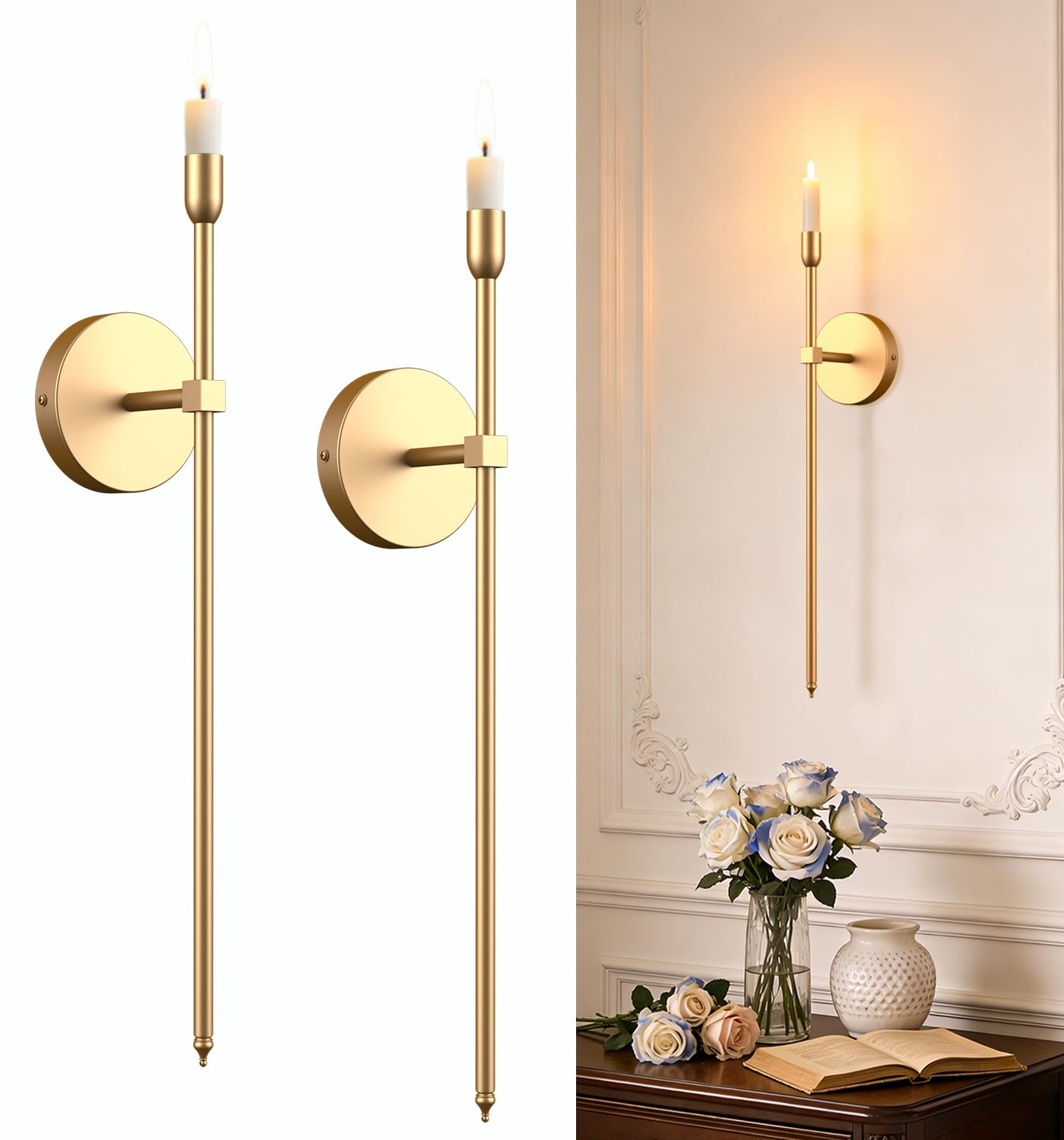 Wall Candle Sconces Set of 2, Large Gold Scepter Gothic Design Metal Wall Candle Holder, Home Wall Decoration for Living Room, Bathroom, Dining Room