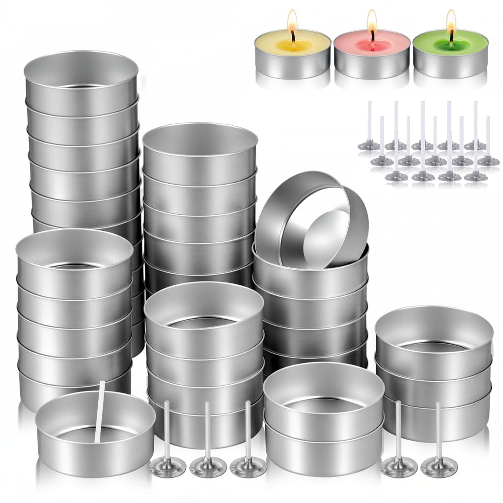 TEHAUX 100pcs Aluminum Tea Lights Cups, Empty Case Candle Wax Containers with 100pcs Candle Wicks, Metal Tea Light Tins for Wedding Centerpieces, Party, Dinner, Home Decor