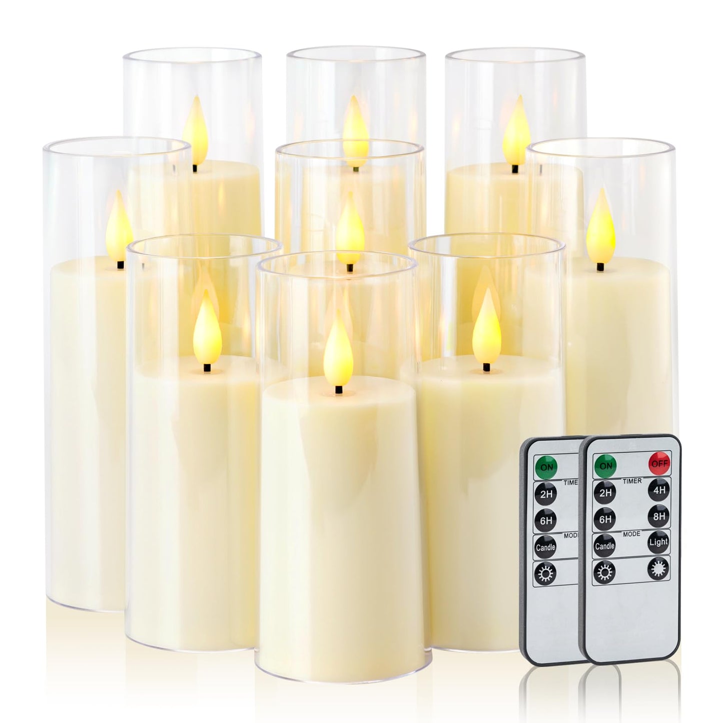 Amagic Ivory Flameless Candles with Remote, Battery Operated Candles with Timer, Acrylic Plexiglass Flickering LED Fake Candle for Wedding, Holiday, Home Decor, Set of 9, D2.2 x H5 6" 7"