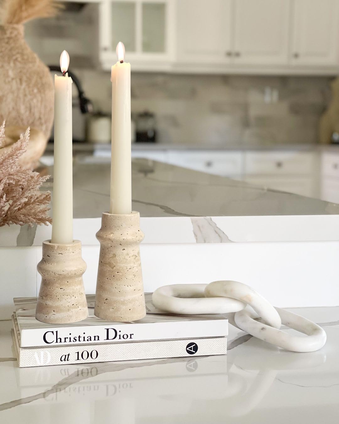 Vixdonos Natural Stone Candle Holder Set of 2 Taper Candle Candlestick Mantle Candle Stand for Home Decor,Wedding,Party and Table Centerpieces(White)