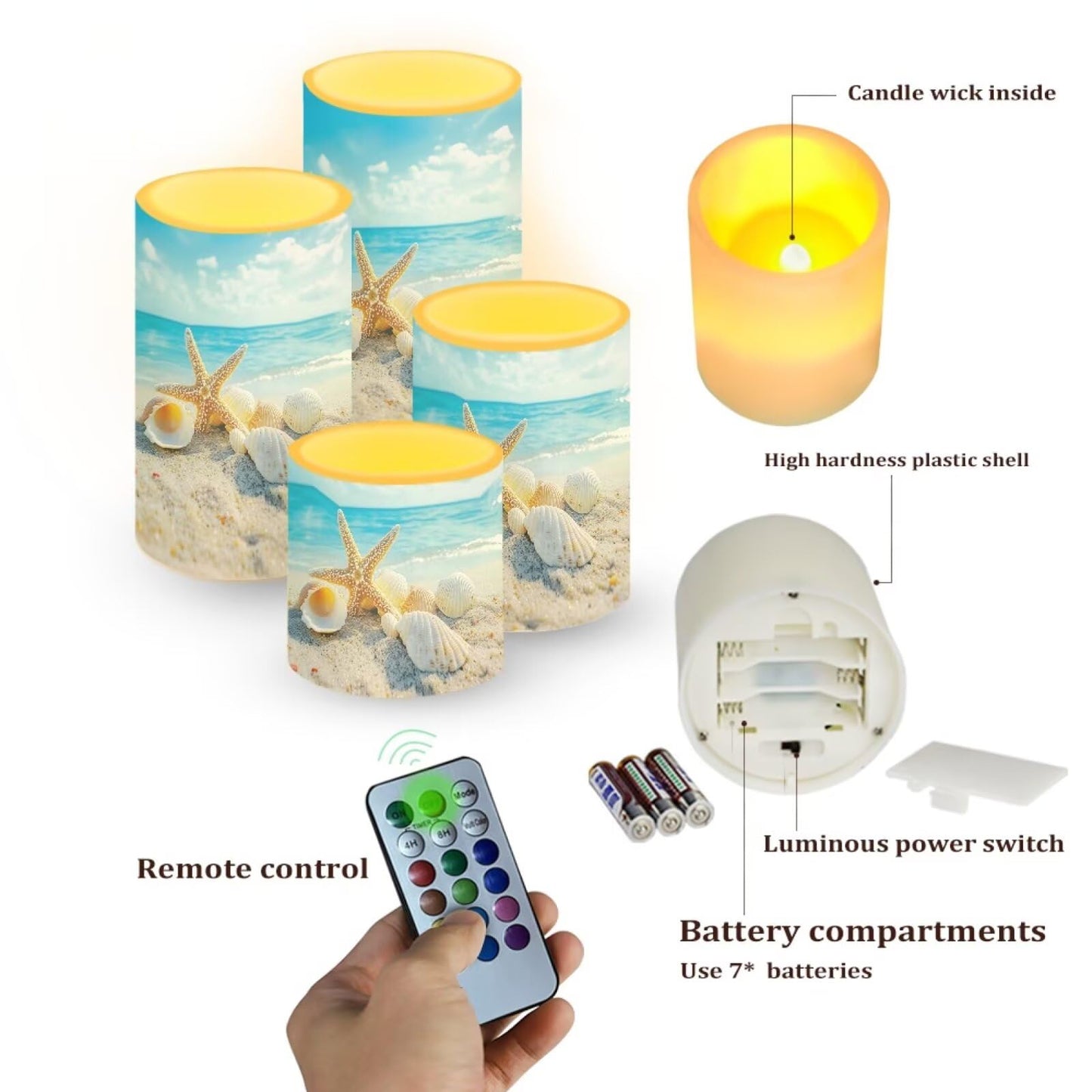 NETILGEN 4 Pcs Flameless Candles with Remote Timer Battery Operated LED Pillar Flickering Candles Beachside Seashell Starfish Print