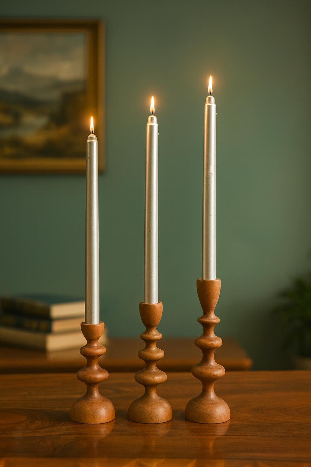 Wooden Candle Holders Set of 3 – Solid Wood Taper Candle Holders for Table Decor, Scandinavian Rustic Candle Stick Holders for Dining Table, Farmhouse Wooden Candlestick Holders