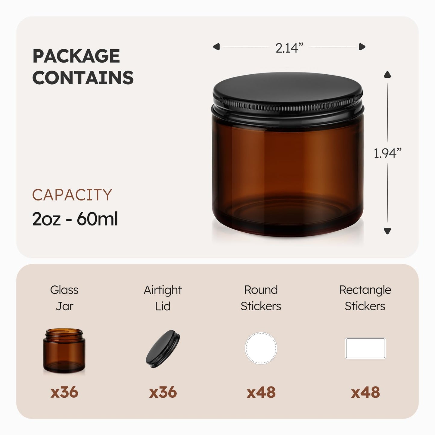 2 oz Glass Jars with Metal Lids, 36 Pack Amber Small Glass Jars with Black Lids Leakproof Round Airtight Empty Cosmetic Travel Containers with Inner Liners For Lotions Powders and Candle Making