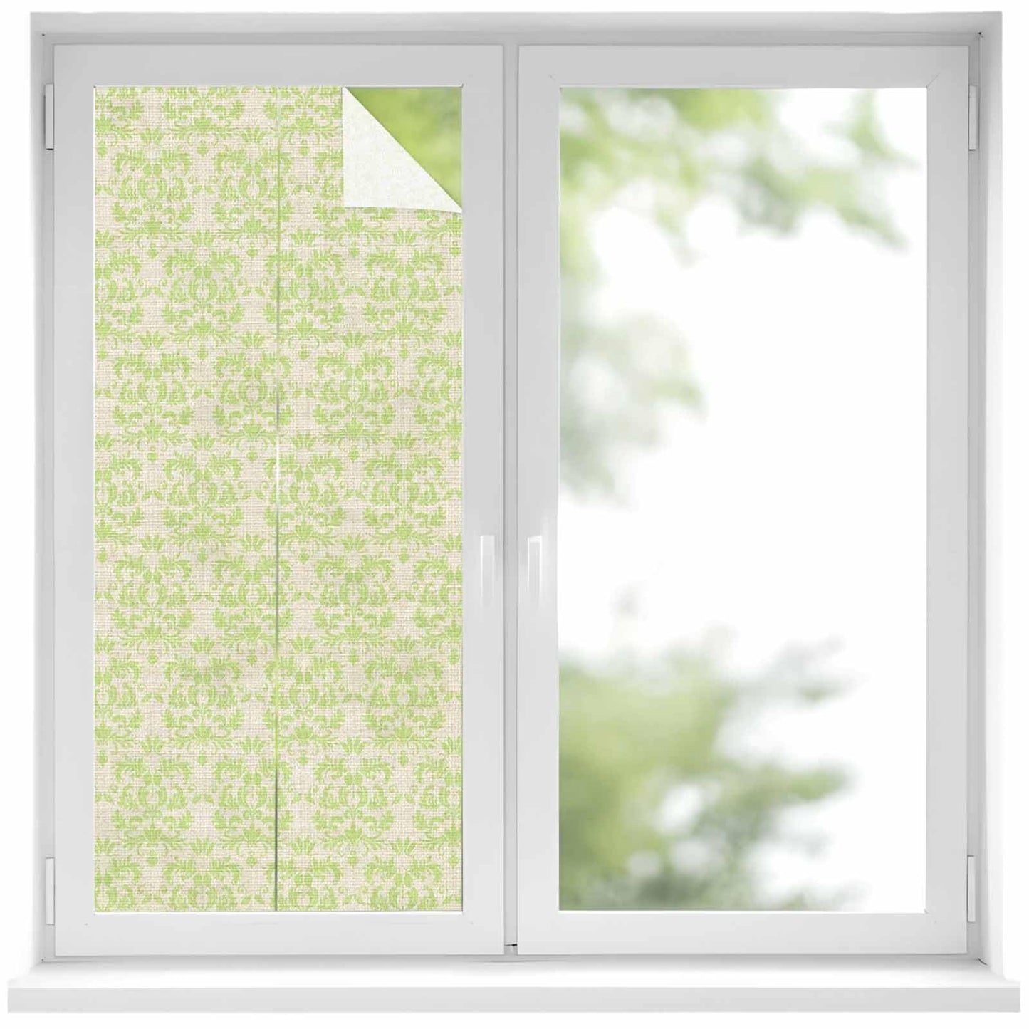 Vintage Green Privacy Window Film, Baroque Textures Abstract Flower Linen Stained Glass Film Non-Adhesive Window Clings, UV Blocking Static Sticker Covering Reusable for Home 19.6x39.3in