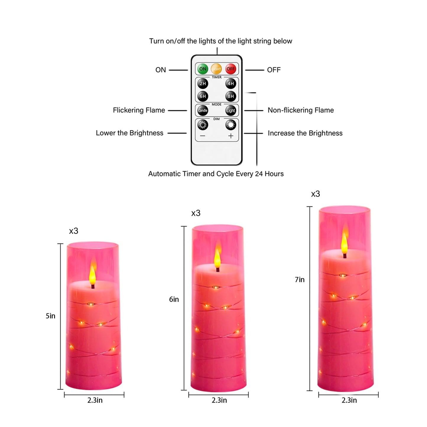 kakoya Flameless LED Candles with Timer 9 Pc Flickering Flameless Candles for Romantic Ambiance and Home Decoration Stable Acrylic Shell,with Embedded Star String，Battery Operated Candles(Pink)