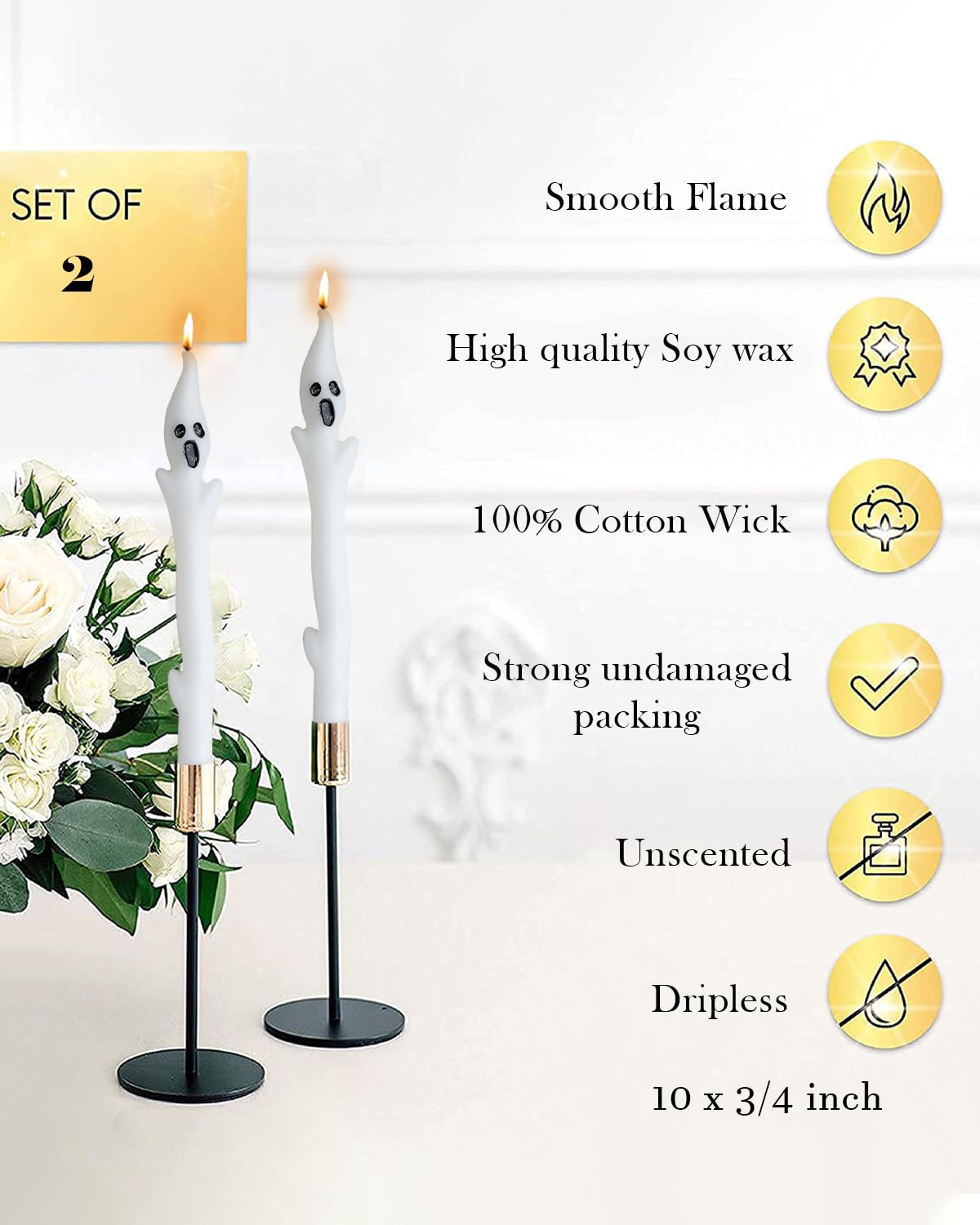 10inch Ghost Taper Candles White Tall Taper Candle with Decorative Candlestick for Halloween Table Decorations,Set of 2