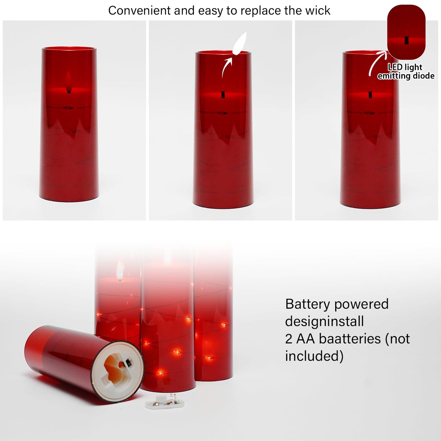 kakoya Flameless LED Candles with Timer 9 Pc Flickering Flameless Candles for Romantic Ambiance and Home Decoration Stable Acrylic Shell,with Embedded Star String，Battery Operated Candles（Red）