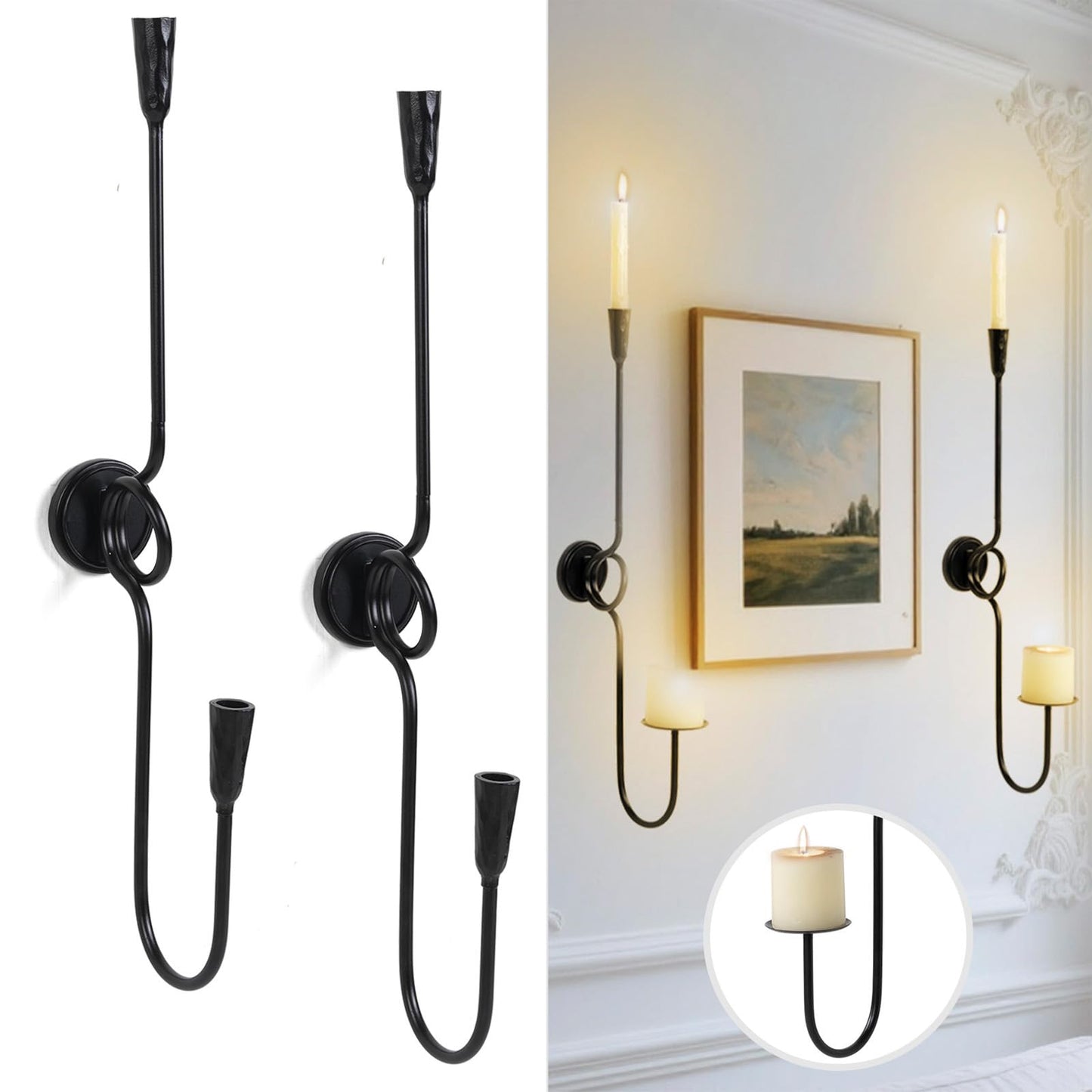 GAKA Large(27 inch) Wall Sconce Candle Holder Set of 2,2 Arm Iron Wall Mount Candle Holder Decorative,Black