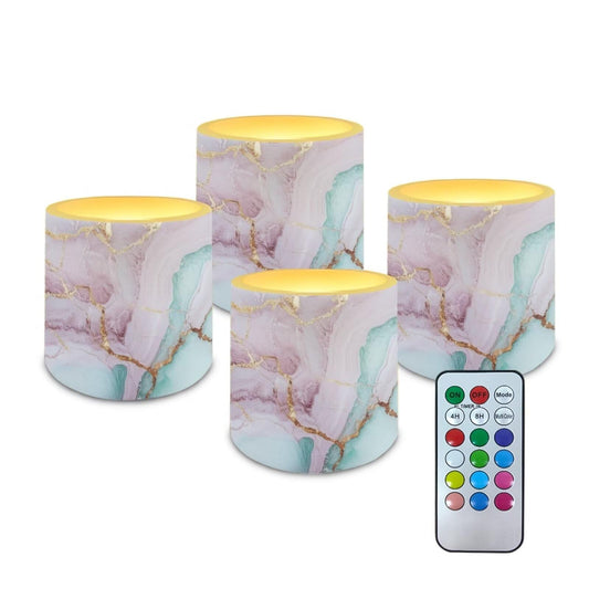 Cozeyat Sky Blue Marble Flameless Candles 4 Pack Battery Operated with Remote Control Timer LED Pillar Candles Waterproof for Indoor Outdoor Home Use