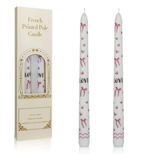 Floral Taper Candles 10 Inch Tall Unscented Handmade Bows and Hearts Print Long Burning Elegant Candlesticks for Wedding Dinner Home Decor